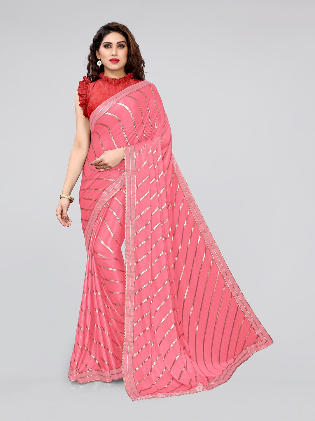 

KALINI Peach & Gold-toned Leheriya Striped Polyester Saree