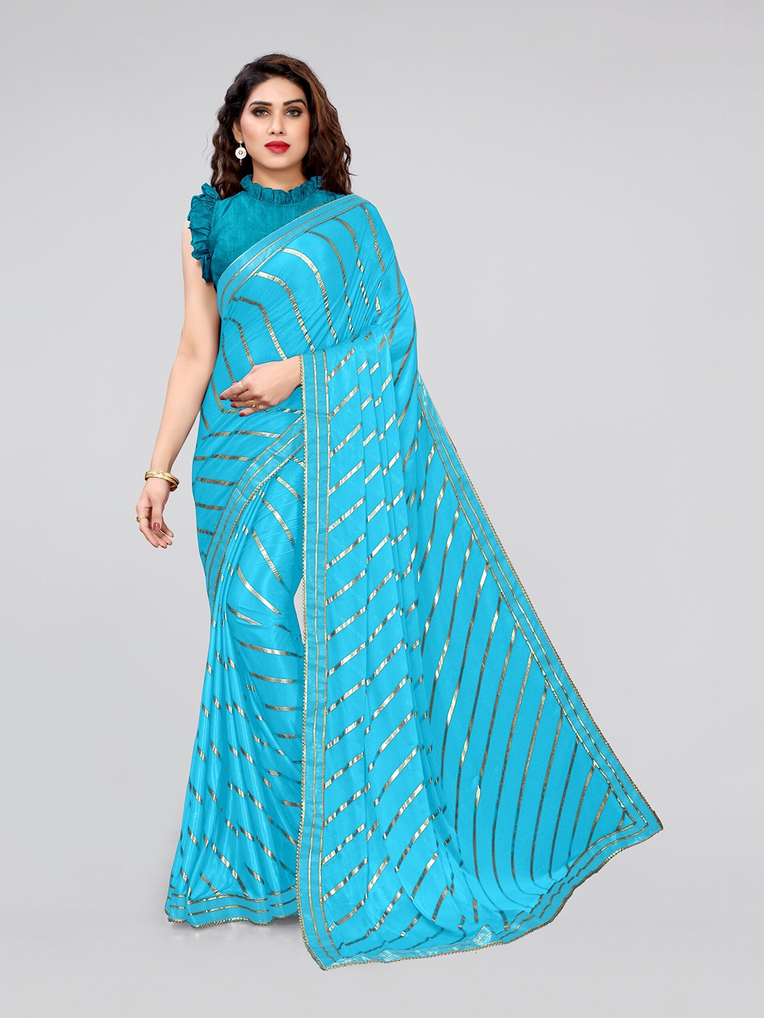 

KALINI Turquoise Blue & Gold-Toned Striped Gotta Patti Saree