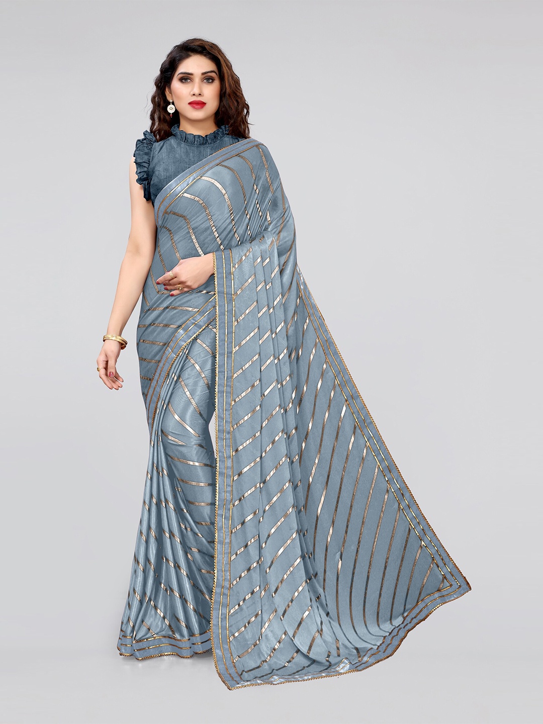 

KALINI Women Grey & Gold-Toned Striped Leheriya Gotta Patti Lycra Saree
