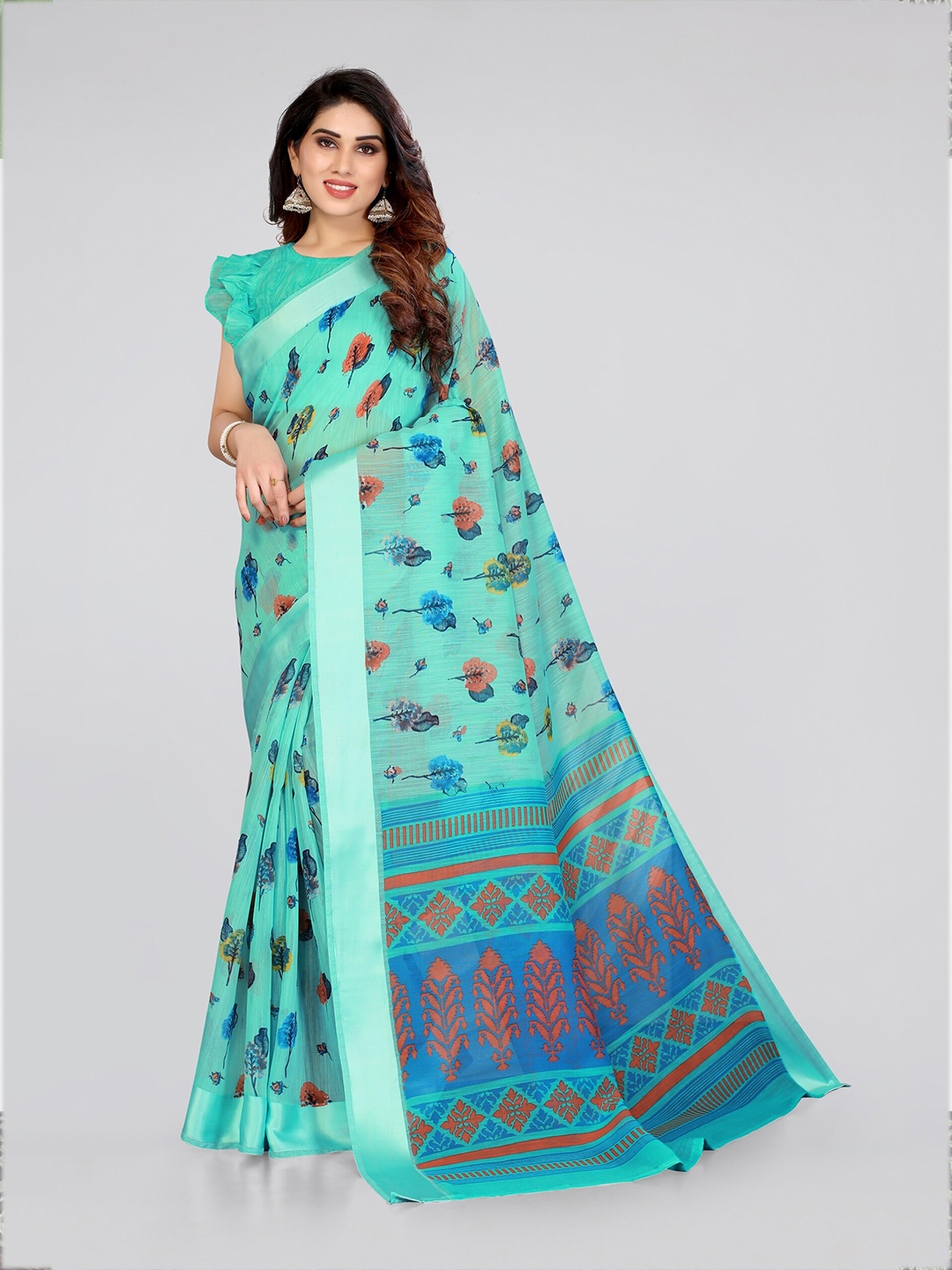 

KALINI Green & Blue Floral Printed Bagh Saree