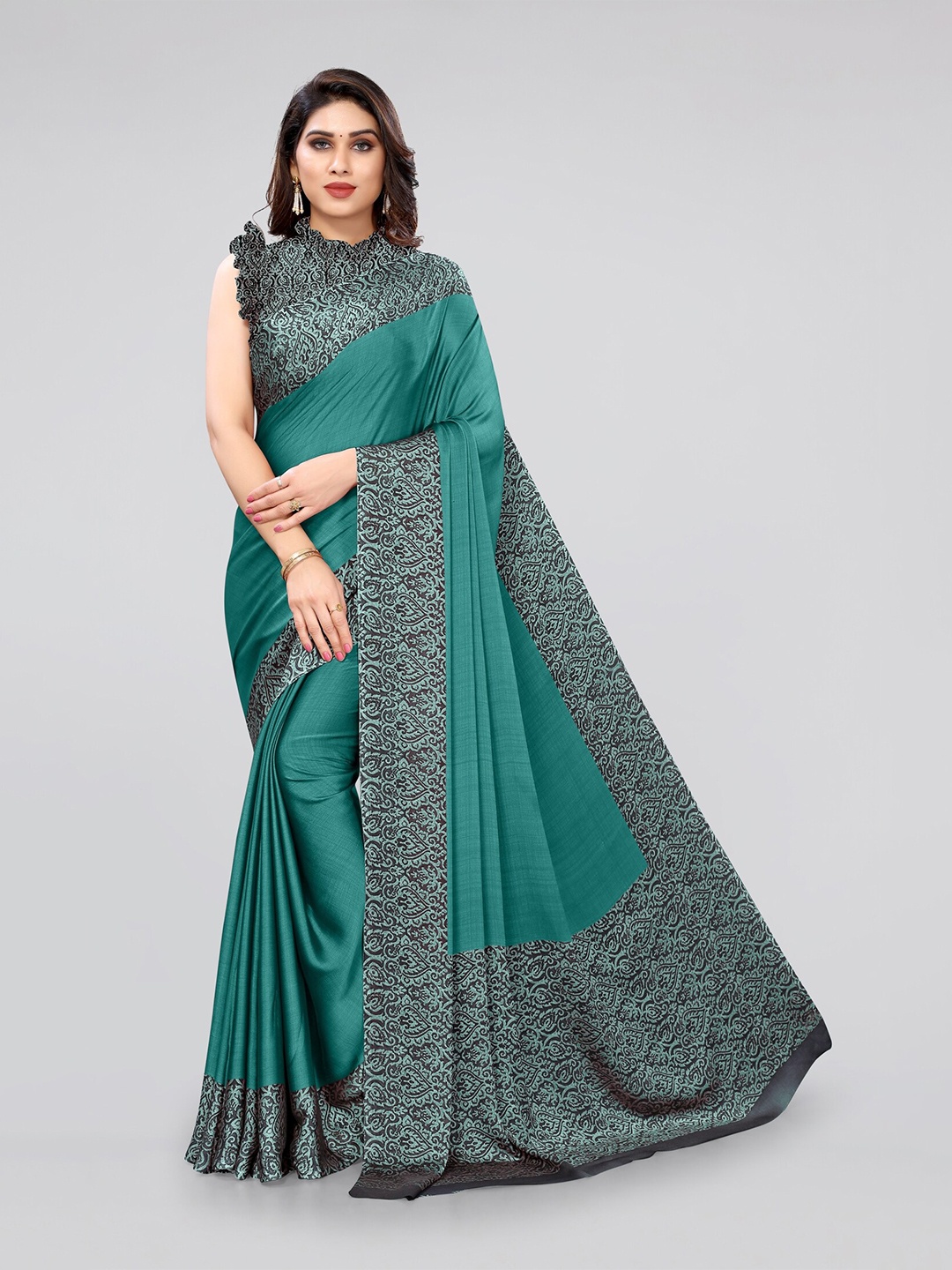 

KALINI Teal & Black Abstract Printed Chiffon Saree