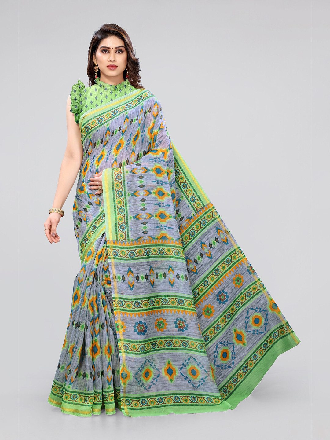 

KALINI Grey & Green Zari Ikat Saree
