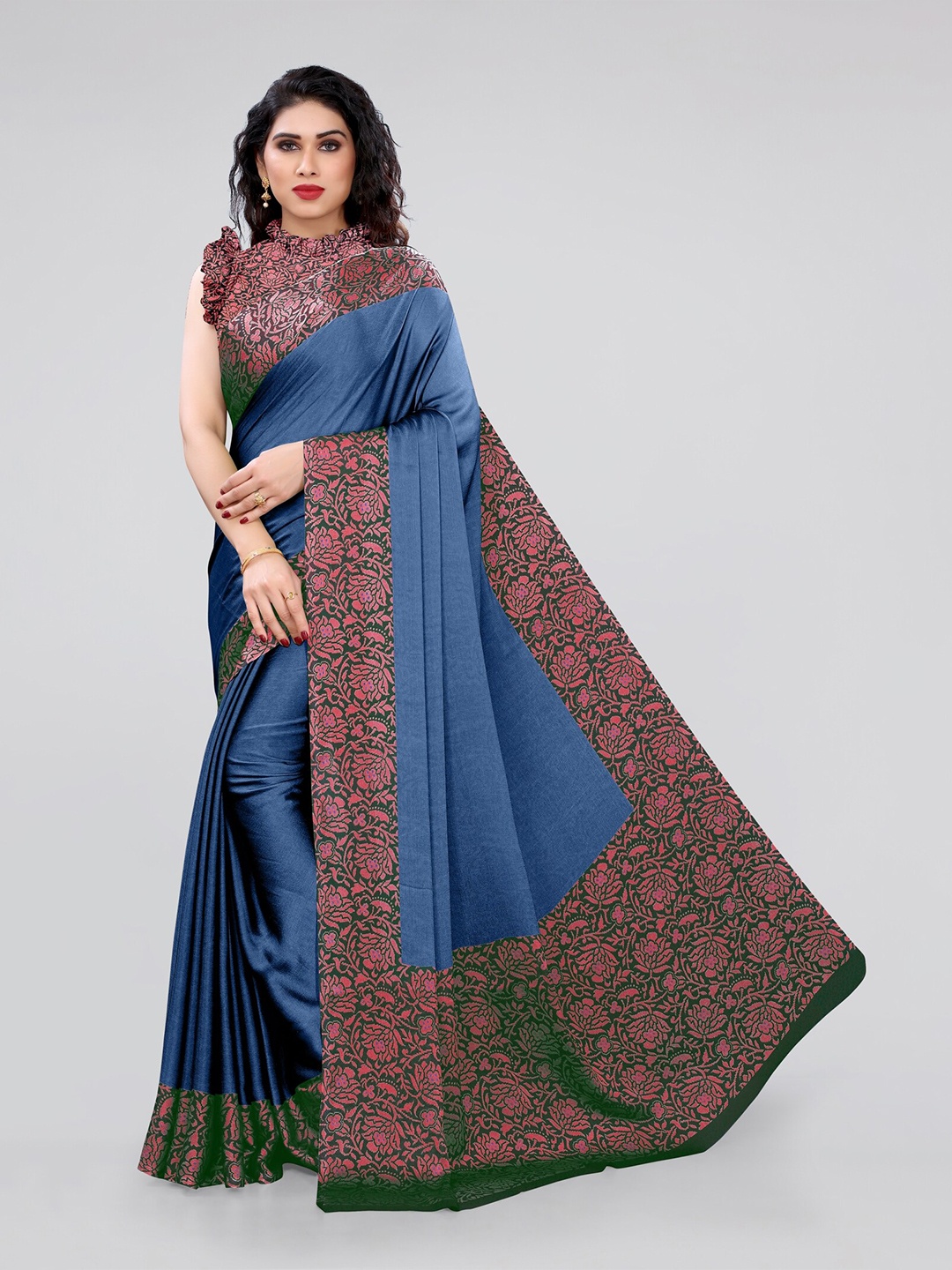 

KALINI Blue & Pink Printed Poly Chiffon Bagh Saree