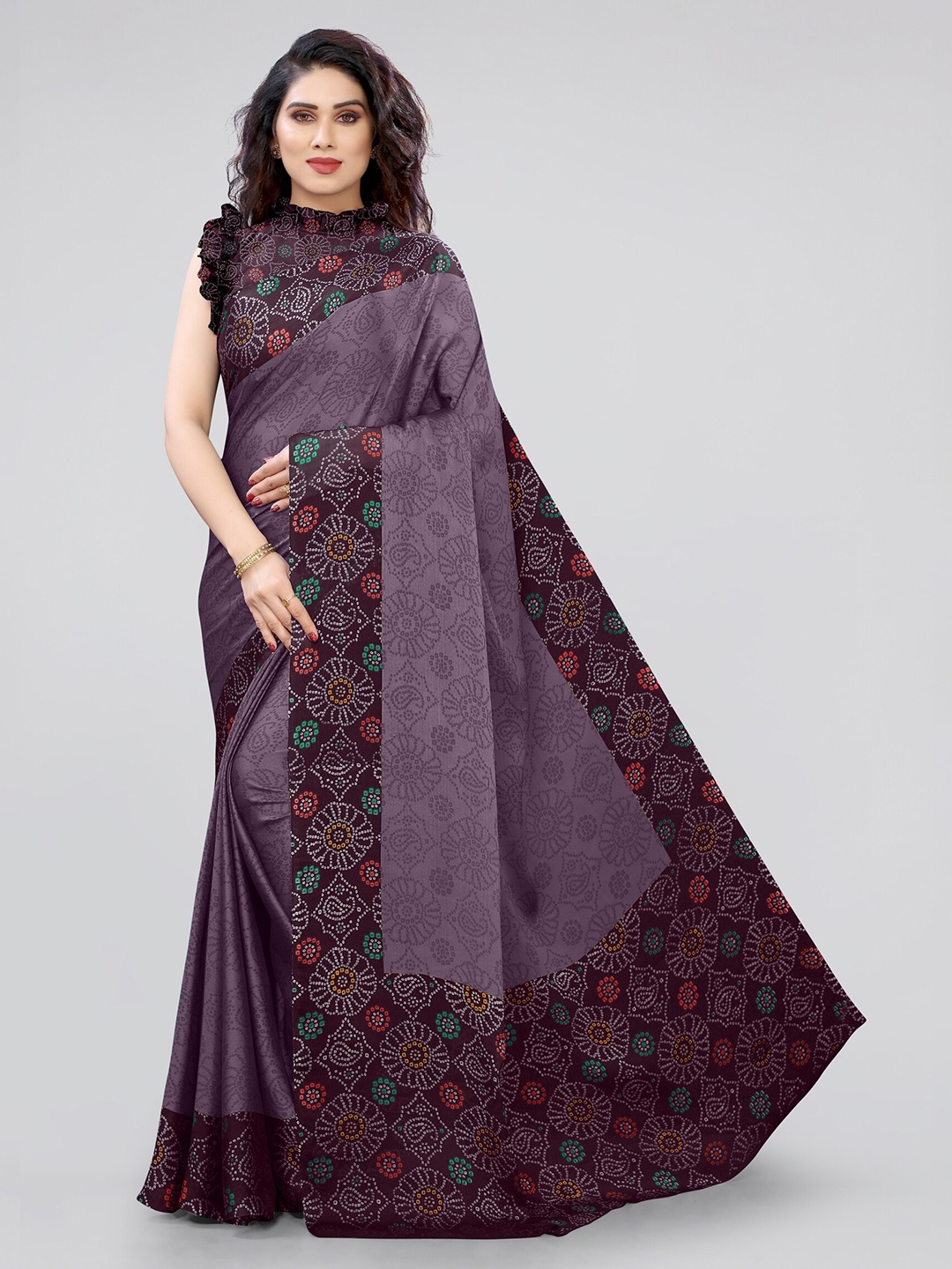 

KALINI Purple & Brown Bandhani Printed Chiffon Saree