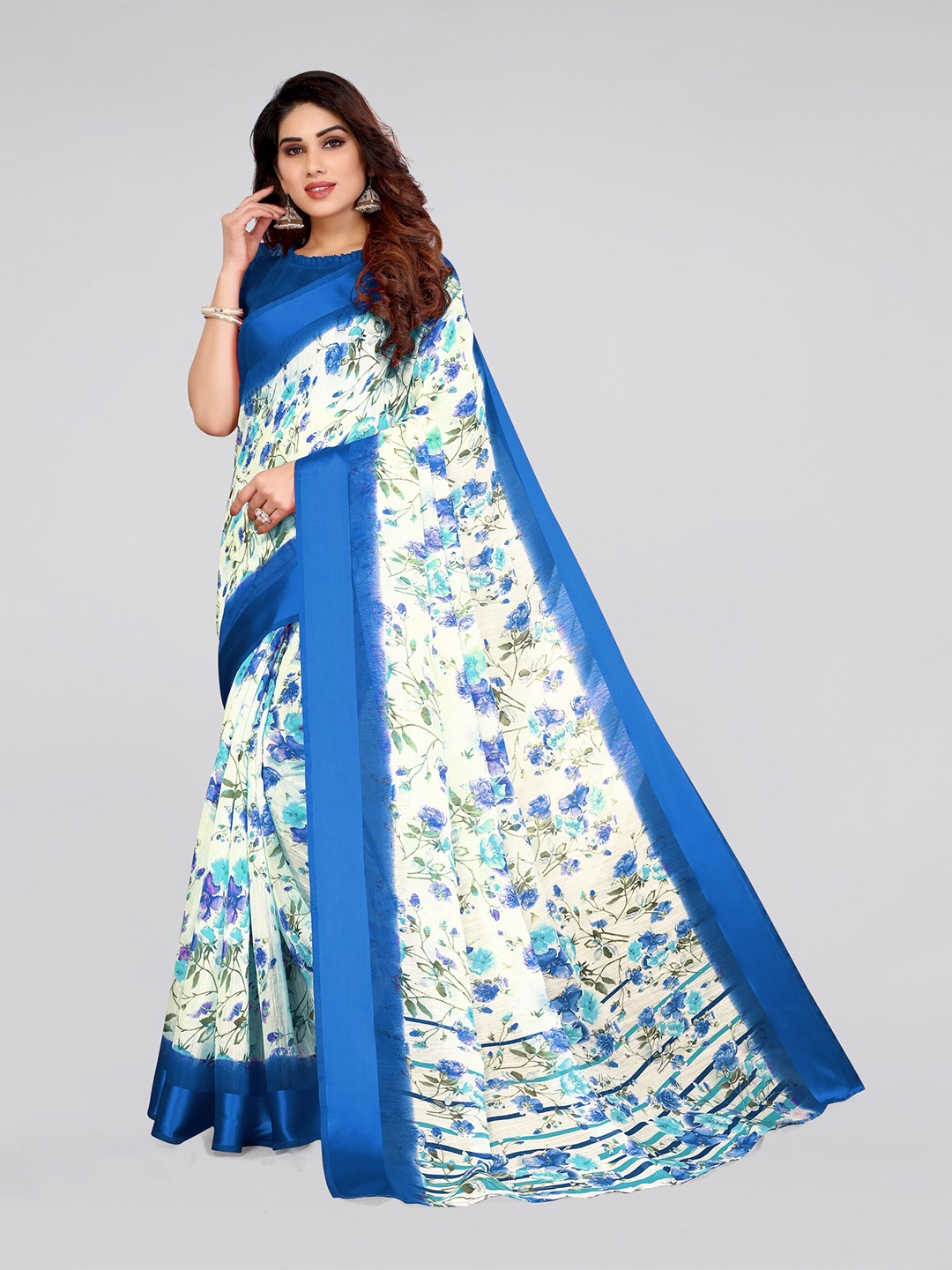 

KALINI Women Off White & Blue Floral Printed Polycotton Saree