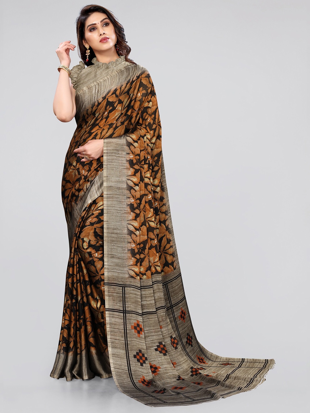 

KALINI Black & Brown Floral Bagh Saree