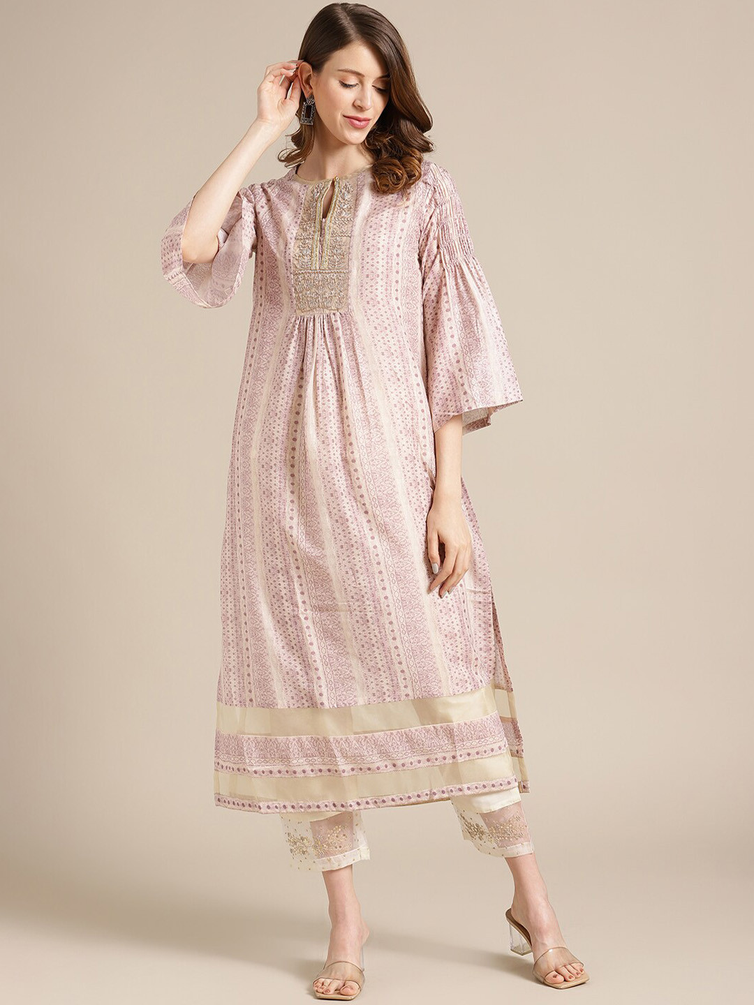 

Varanga Women Beige Printed Pure Silk Kurta with Trouser.