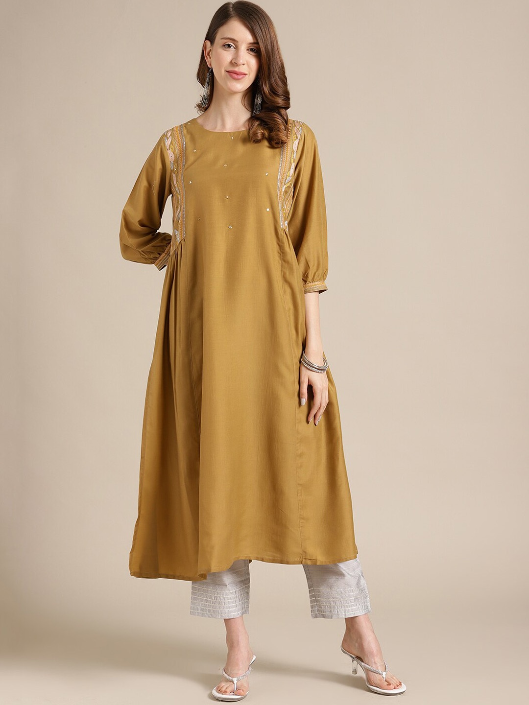 

Varanga Women Mustard Yellow Thread Work A-Line Flared Kurta