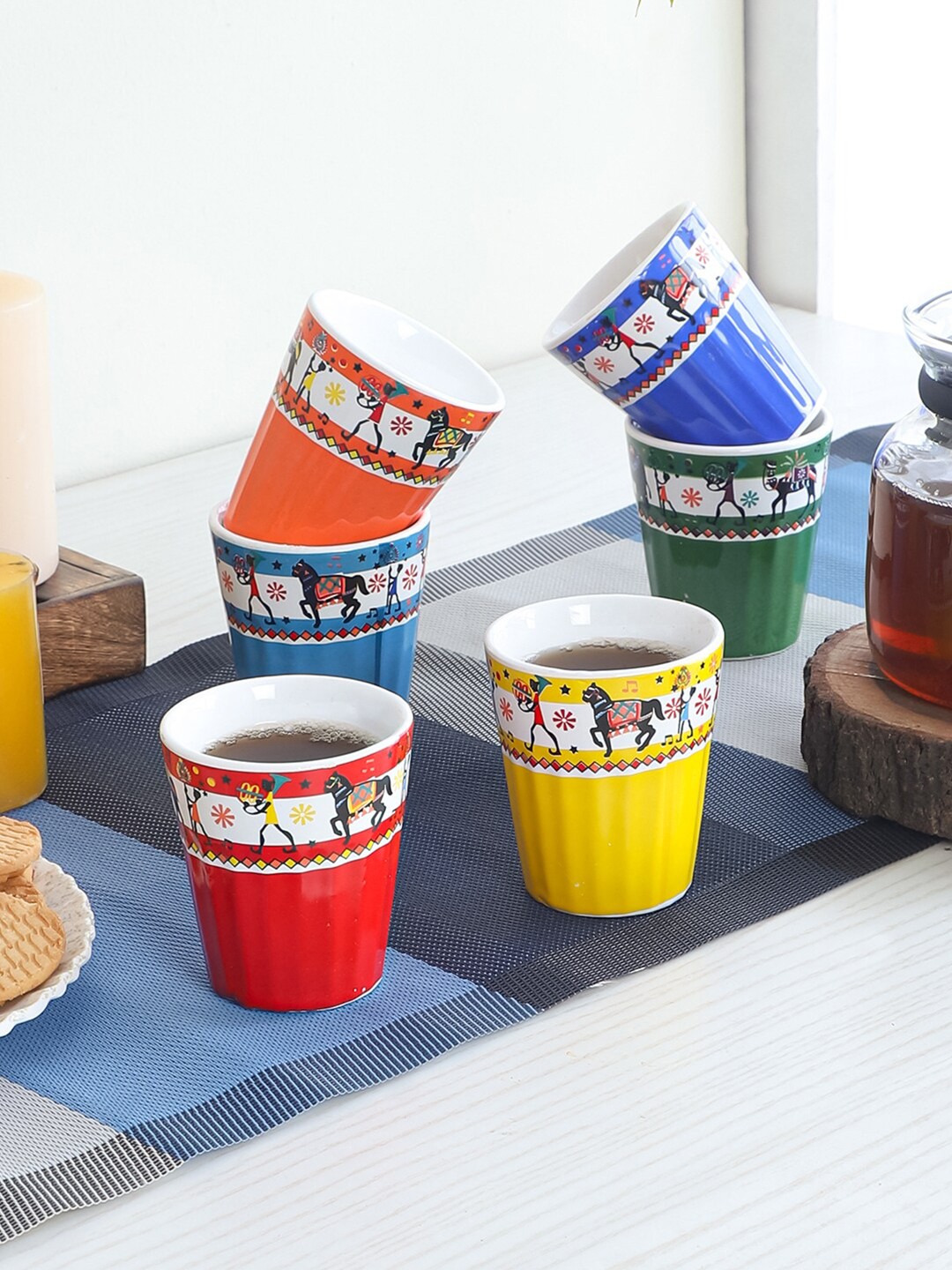 

CDI Blue & Orange Set Of 6 Ethnic Motifs Printed Ceramic Glossy Kulladhs Cups and Mugs
