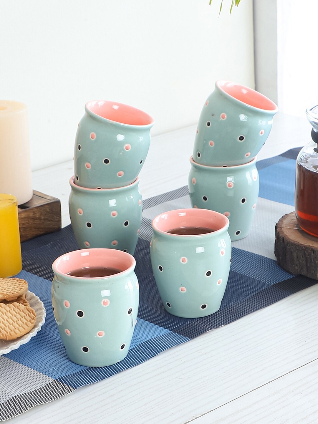 

CDI Blue & Pink Printed Ceramic Glossy Kulladhs Set of Cups and Mugs