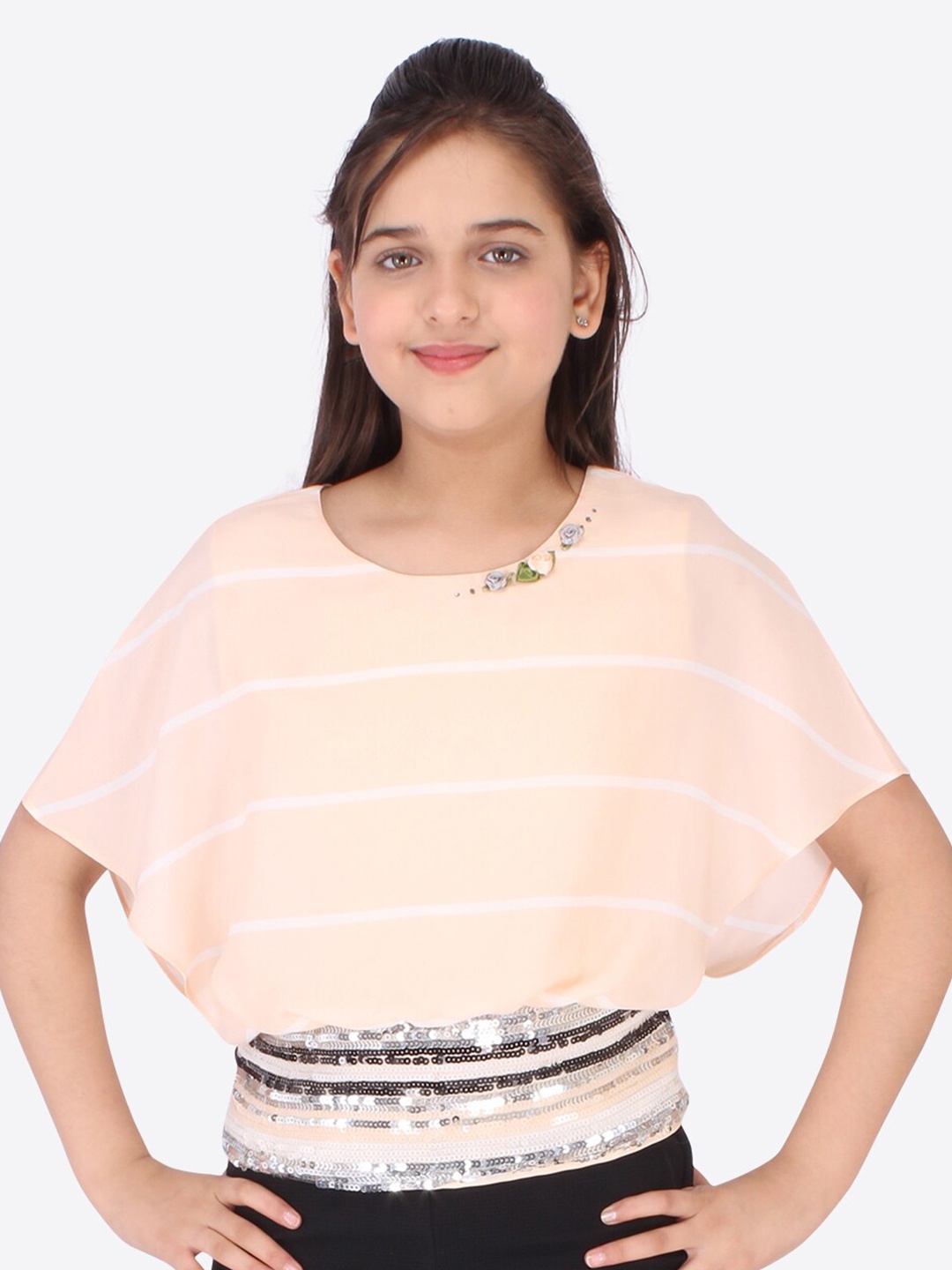 

CUTECUMBER Peach-Coloured Striped Georgette Top