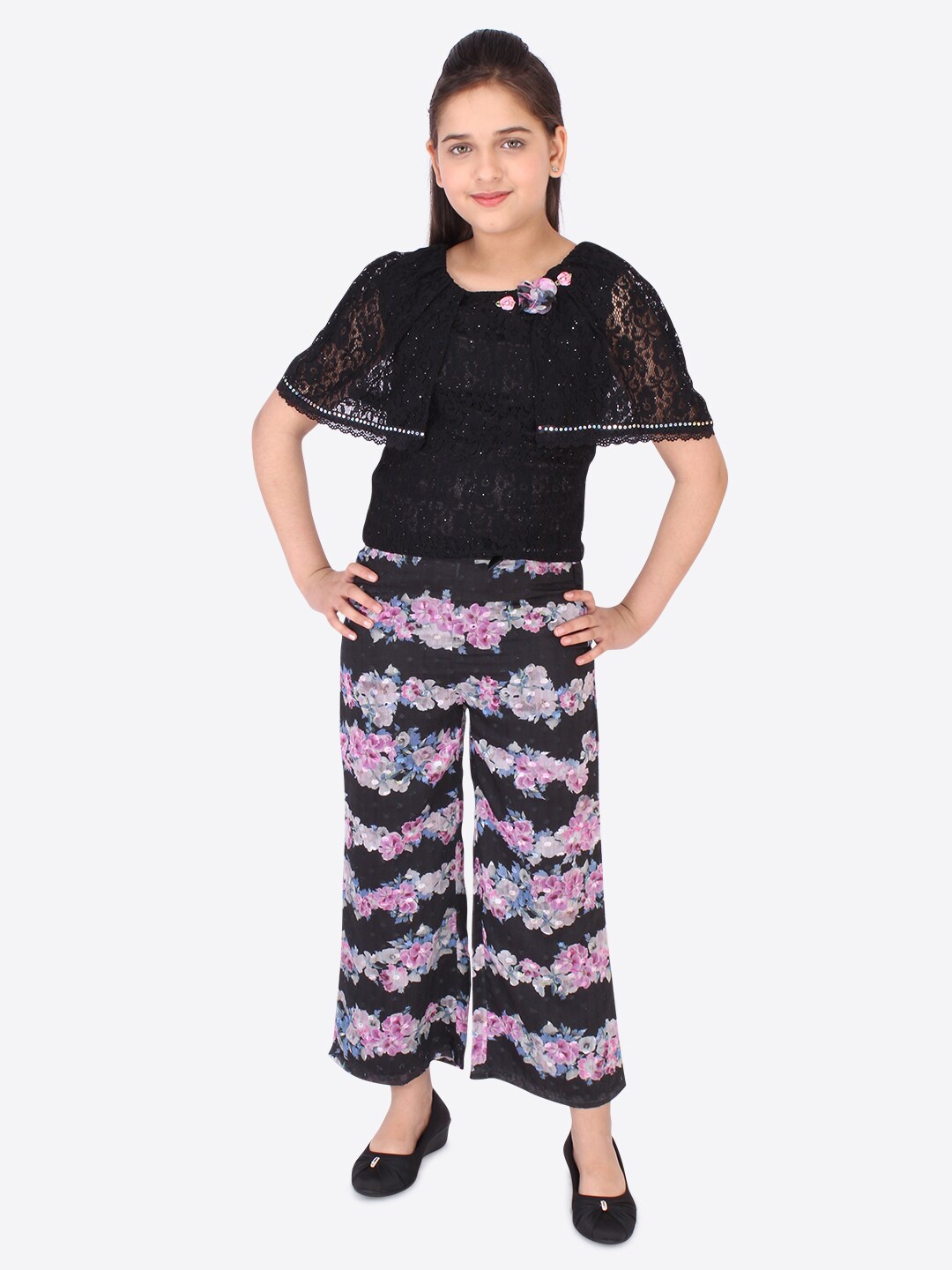 

CUTECUMBER Girls Black, Pink & White Floral Printed Embellished Top & Palazzos Co-Ords