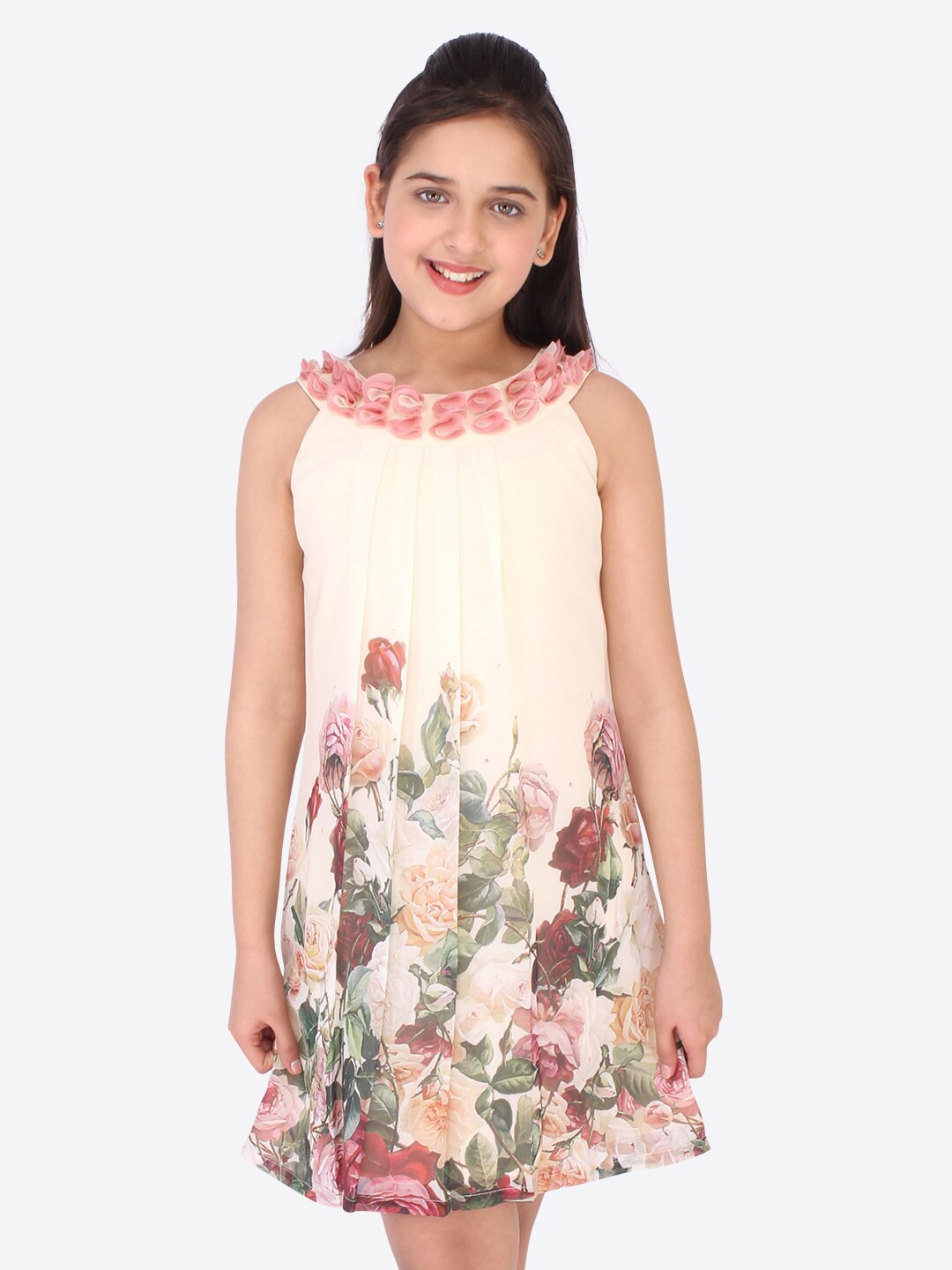 

CUTECUMBER Cream-Coloured Floral Chiffon A-Line Dress