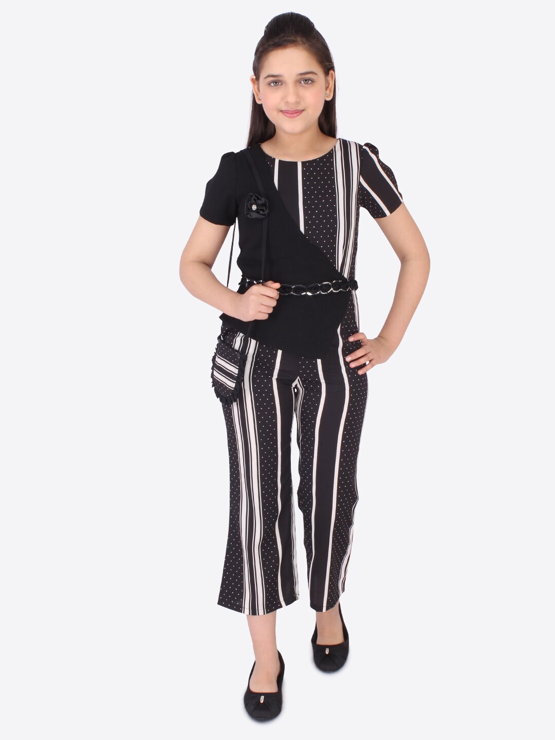 

CUTECUMBER Girls Black & White Striped Culotte Jumpsuit with Applique