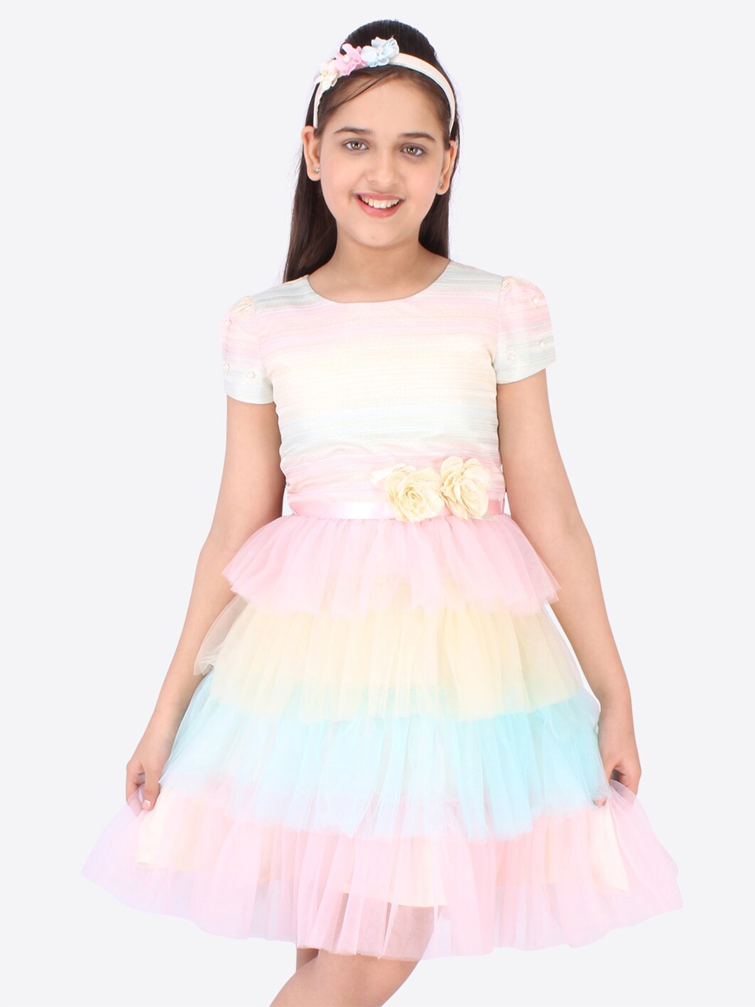 

CUTECUMBER Pink & Blue Colourblocked Layered Jacquard Dress