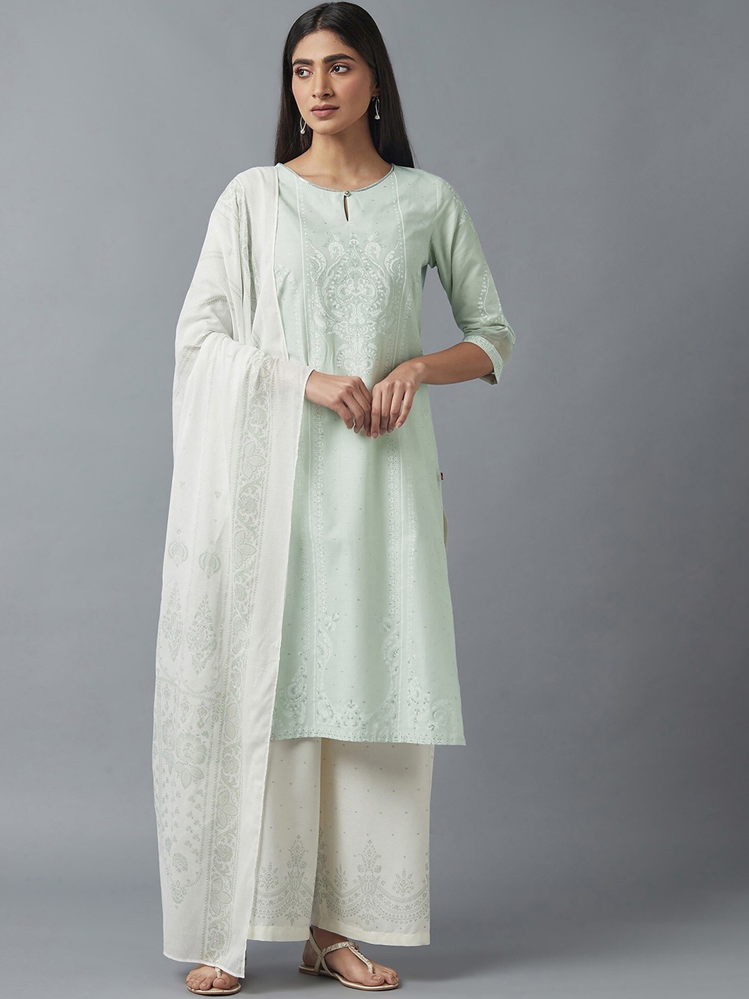 

W Women Pastel Green Printed Sequinned Pure Cotton Kurti with Palazzos & With Dupatta