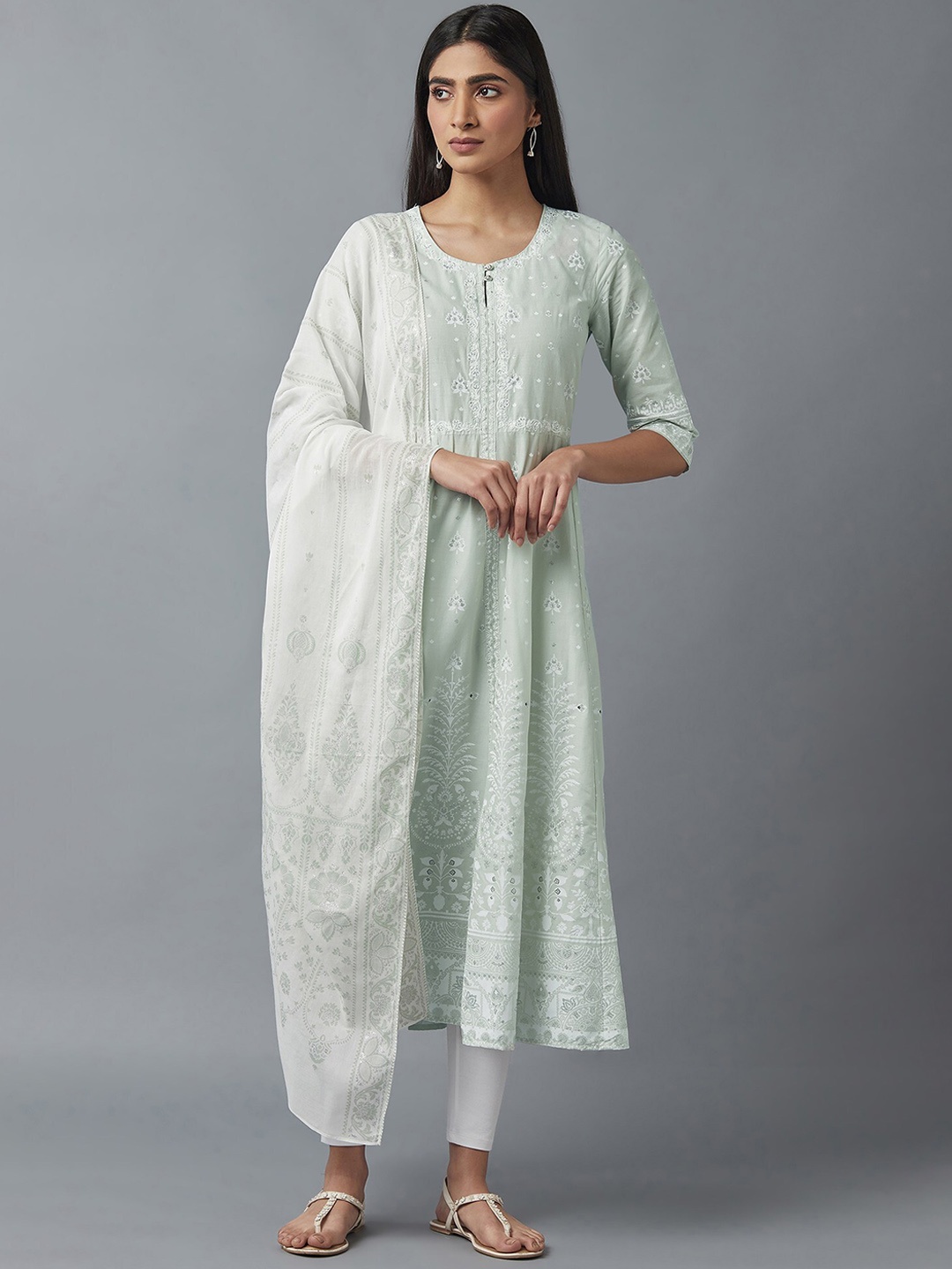 

W Women Green & White Embroidered Pure Cotton Kurta with Trousers & Dupatta