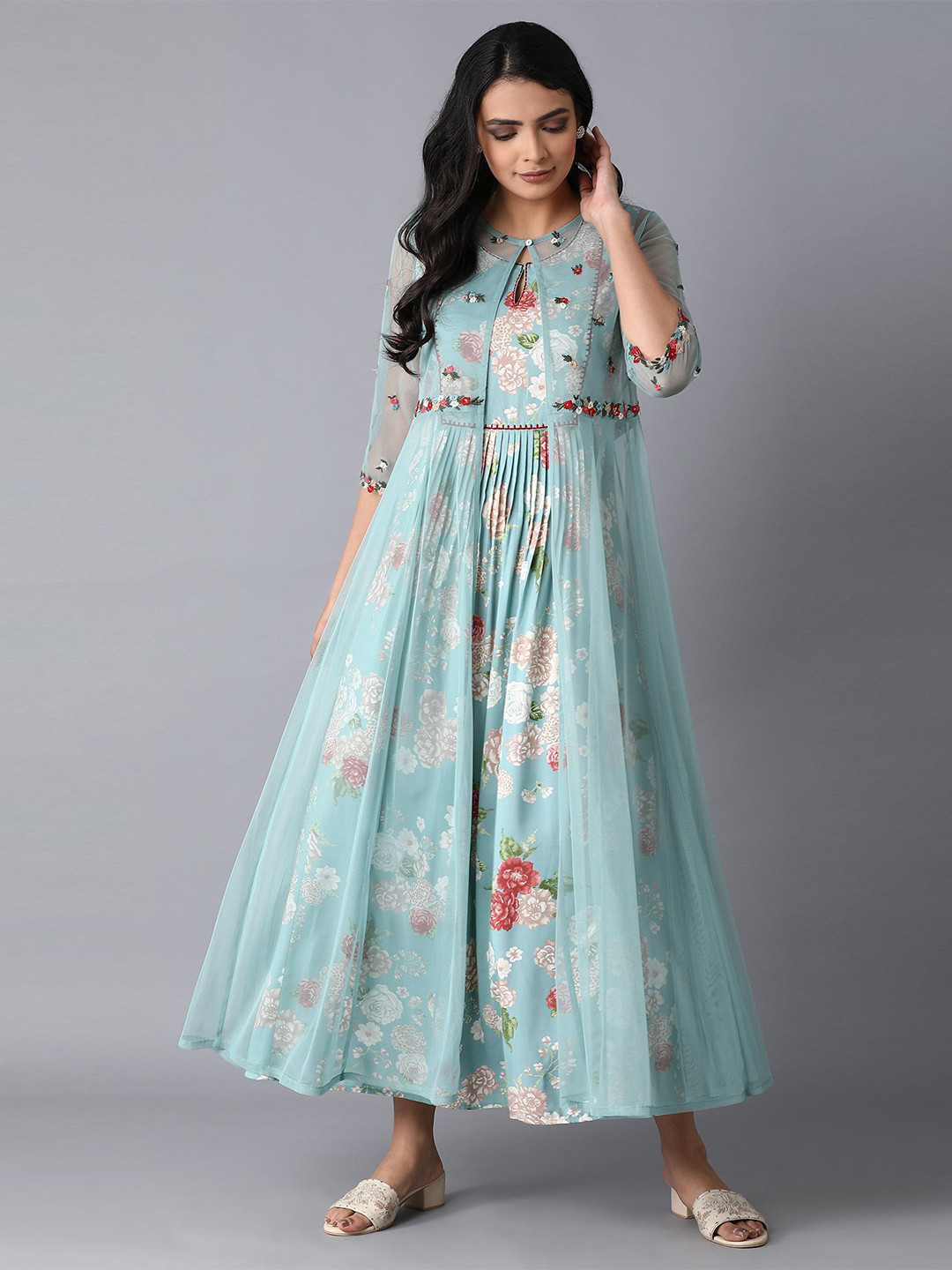 

W Blue Floral Keyhole Neck Maxi Fit & Flared Dress With Embellished Maxi Shrug