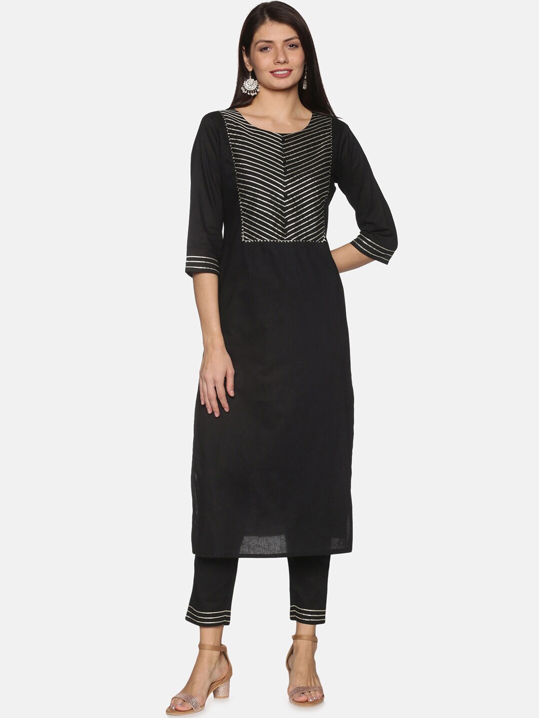 

PNEHA Women Black Yoke Design Gotta Patti Pure Cotton Kurti with Trousers