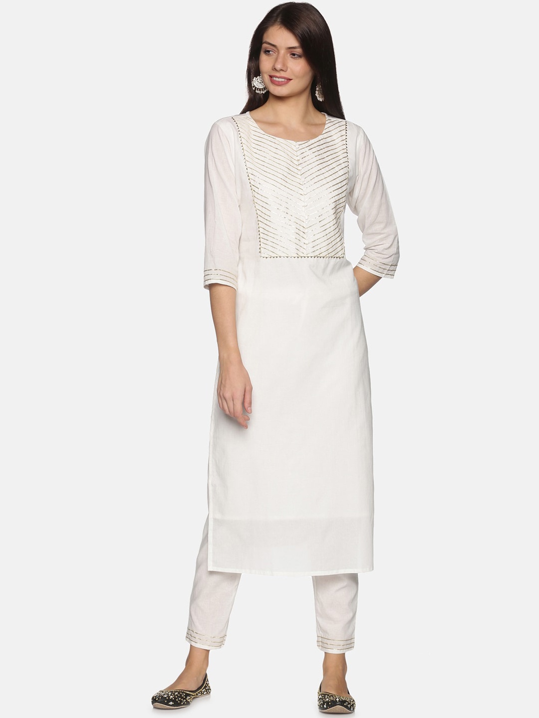 

PNEHA Women White Embroidered Gotta Patti Pure Cotton Kurti with Churidar
