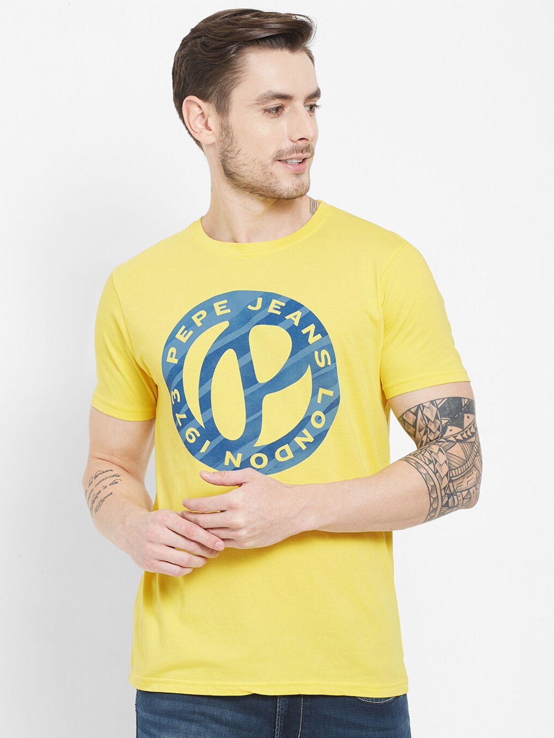 

Pepe Jeans Men Yellow Printed Pure Cotton Slim Fit T-shirt