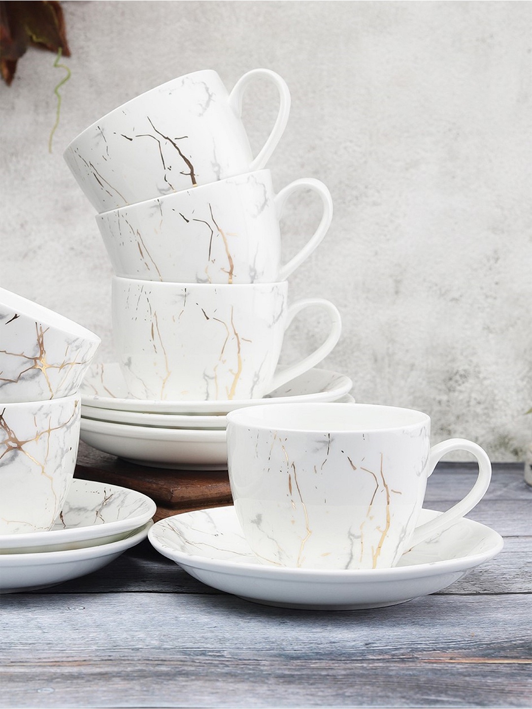 

CLAY CRAFT White Set Of 6 Printed Ceramic Cups & Saucers
