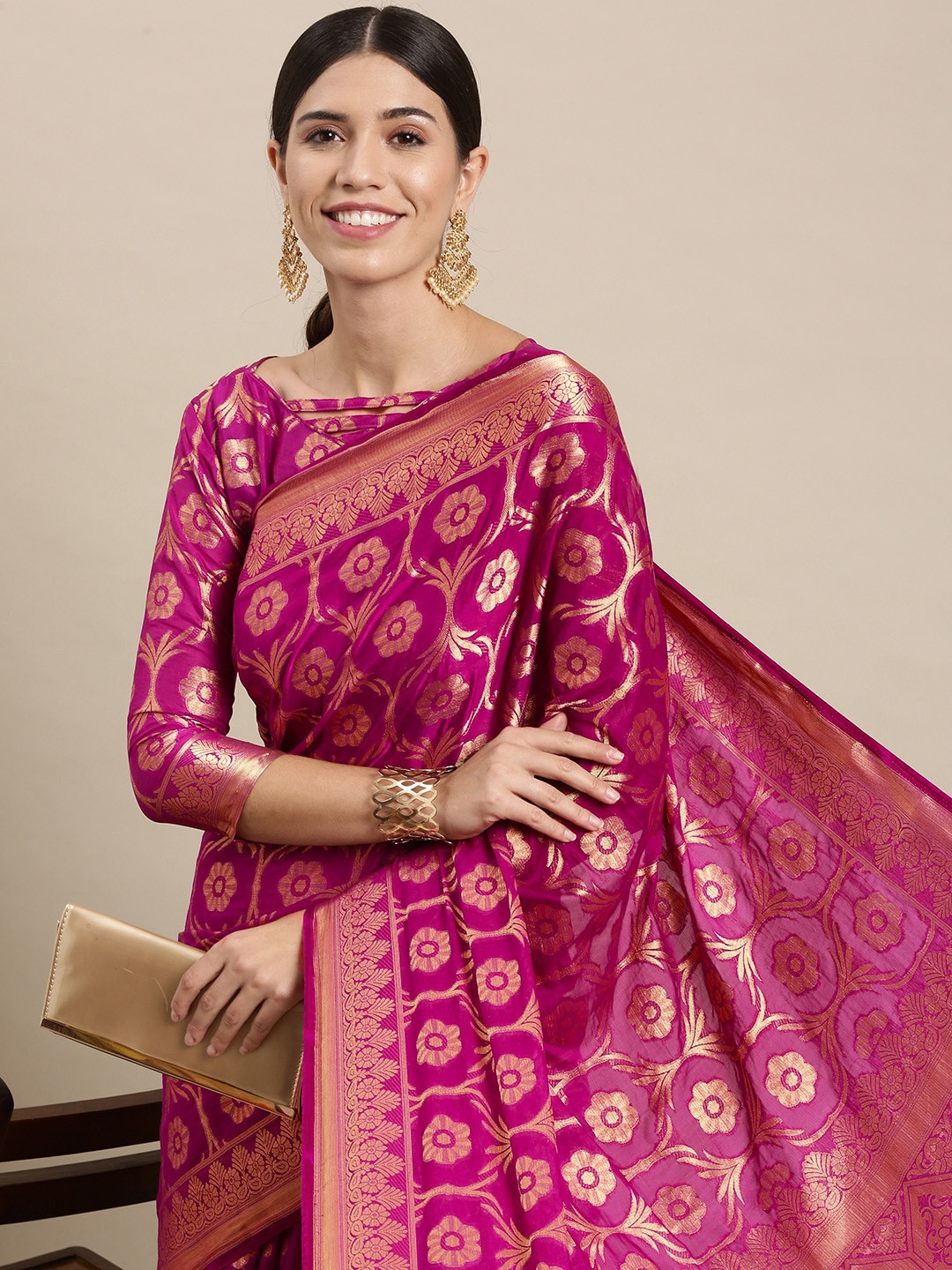 

Mitera Purple & Gold Ethnic Motifs Zari Silk Blend Saree