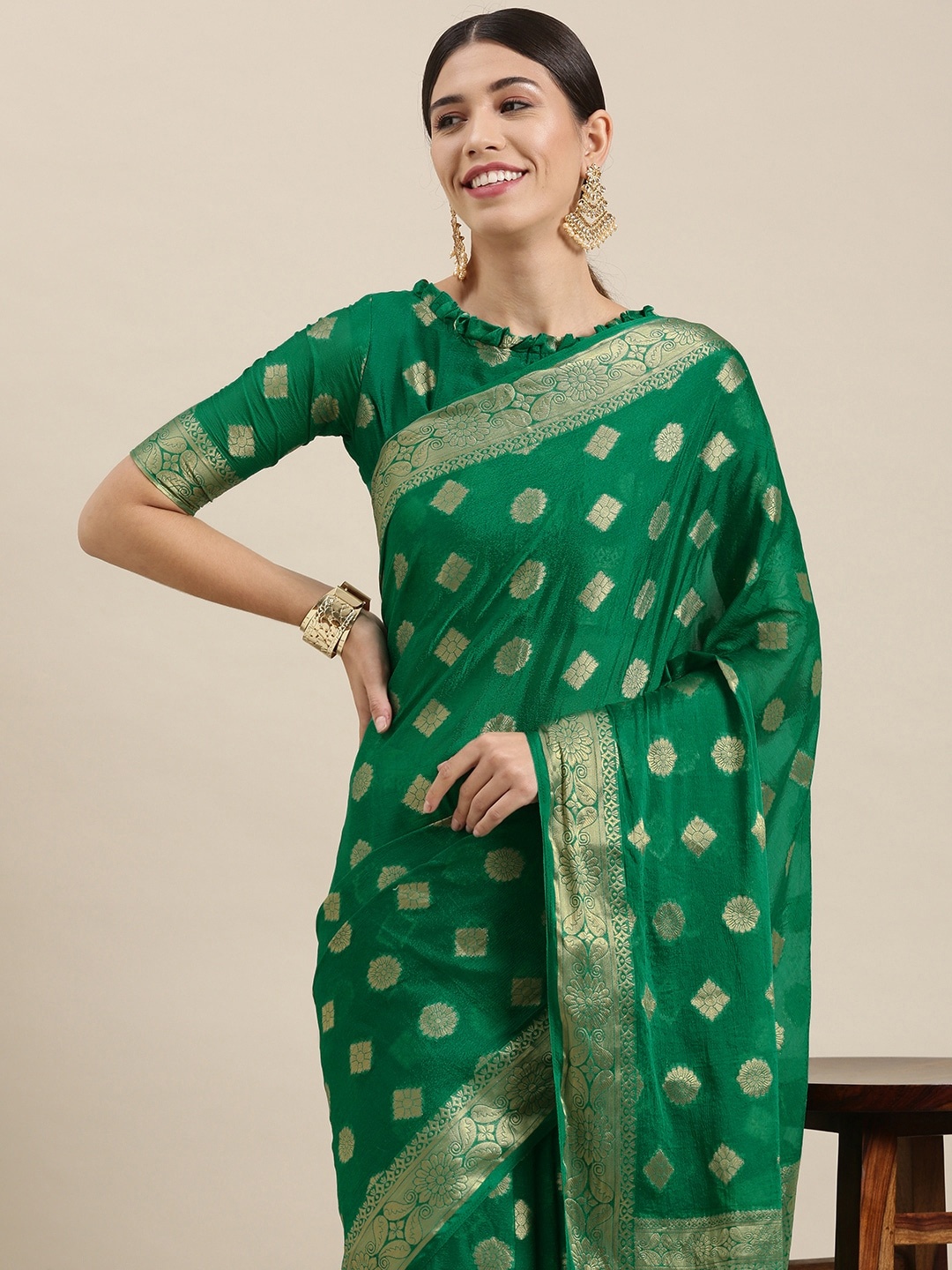 

Mitera Green & Gold Floral Zari Silk Blend Saree