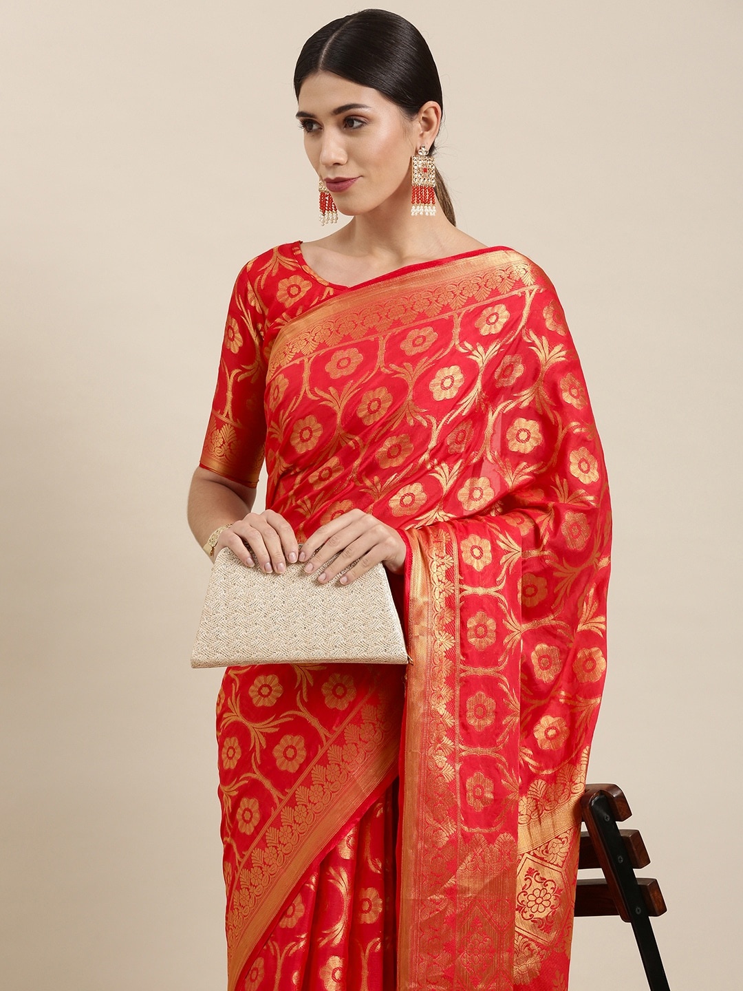 

Mitera Peach-Coloured with Tinge of Red & Gold Ethnic Motifs Zari Silk Blend Saree