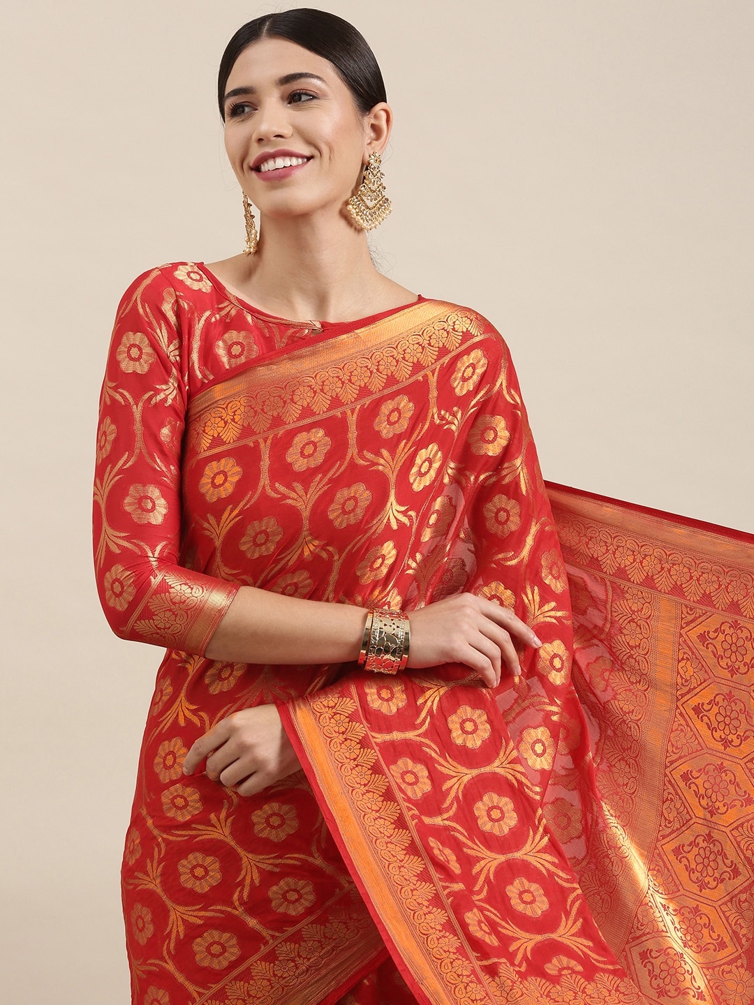 

Mitera Red & Gold-Toned Ethnic Motifs Zari Silk Blend Saree