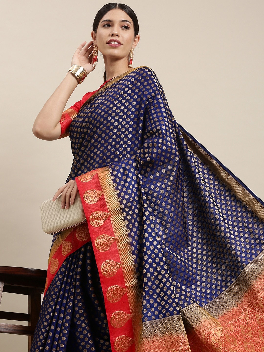 

Mitera Navy Blue & Gold Floral Zari Silk Blend Saree