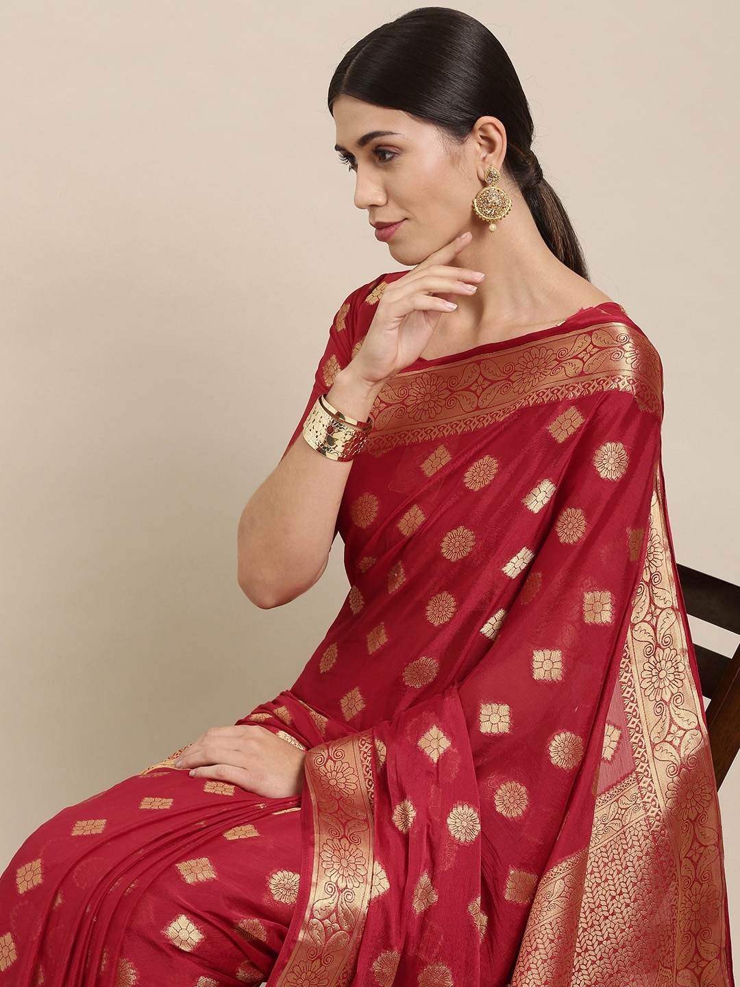 

Mitera Maroon & Gold Floral Zari Silk Blend Saree