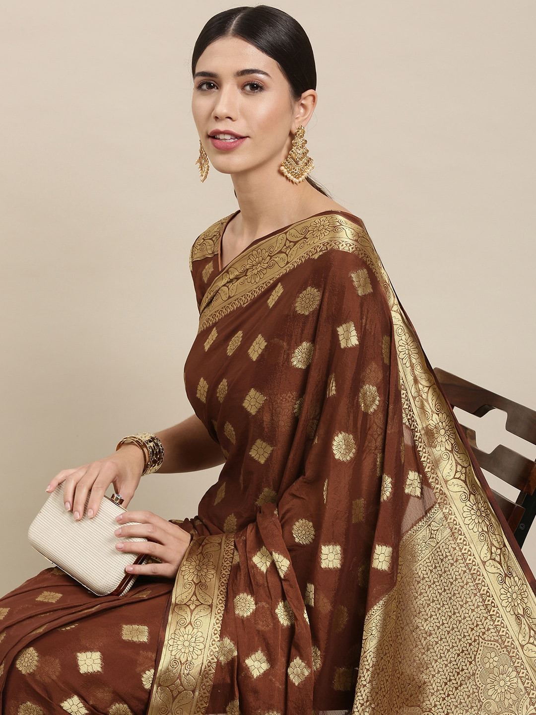 

Mitera Coffee Brown & Gold Floral Zari Silk Blend Saree