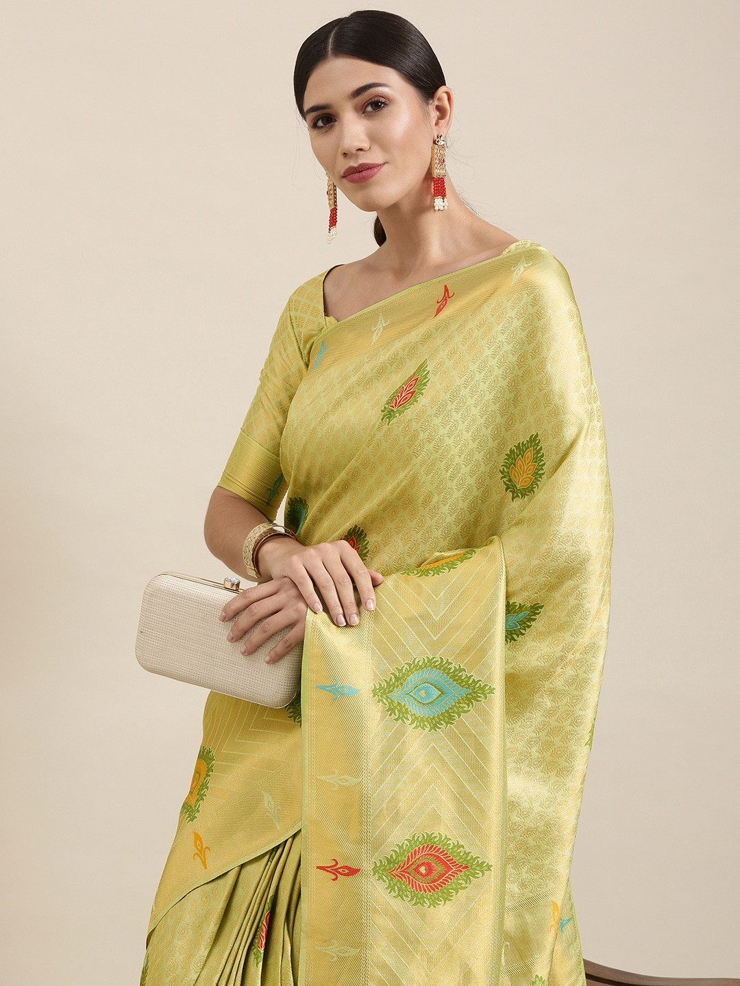 

Mitera Lime Green & Gold Ethnic Motifs Zari Silk Blend Saree