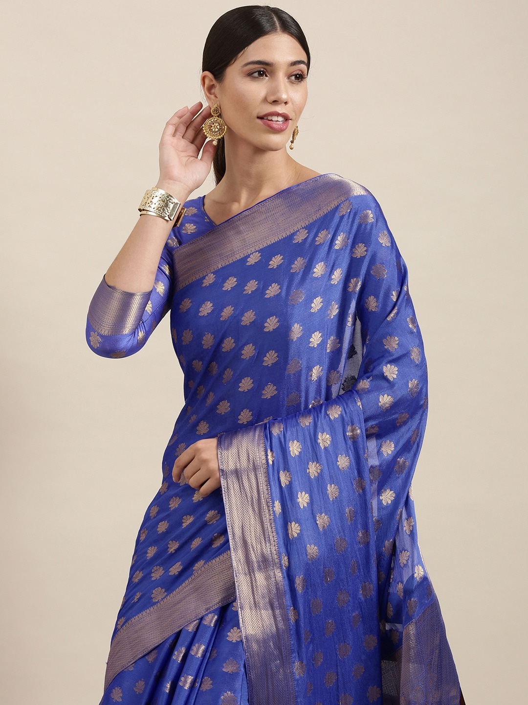 

Mitera Navy Blue & Gold Floral Zari Silk Blend Saree