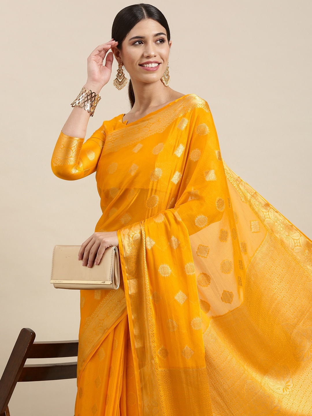 

Mitera Mustard Yellow & Gold Floral Zari Silk Blend Saree