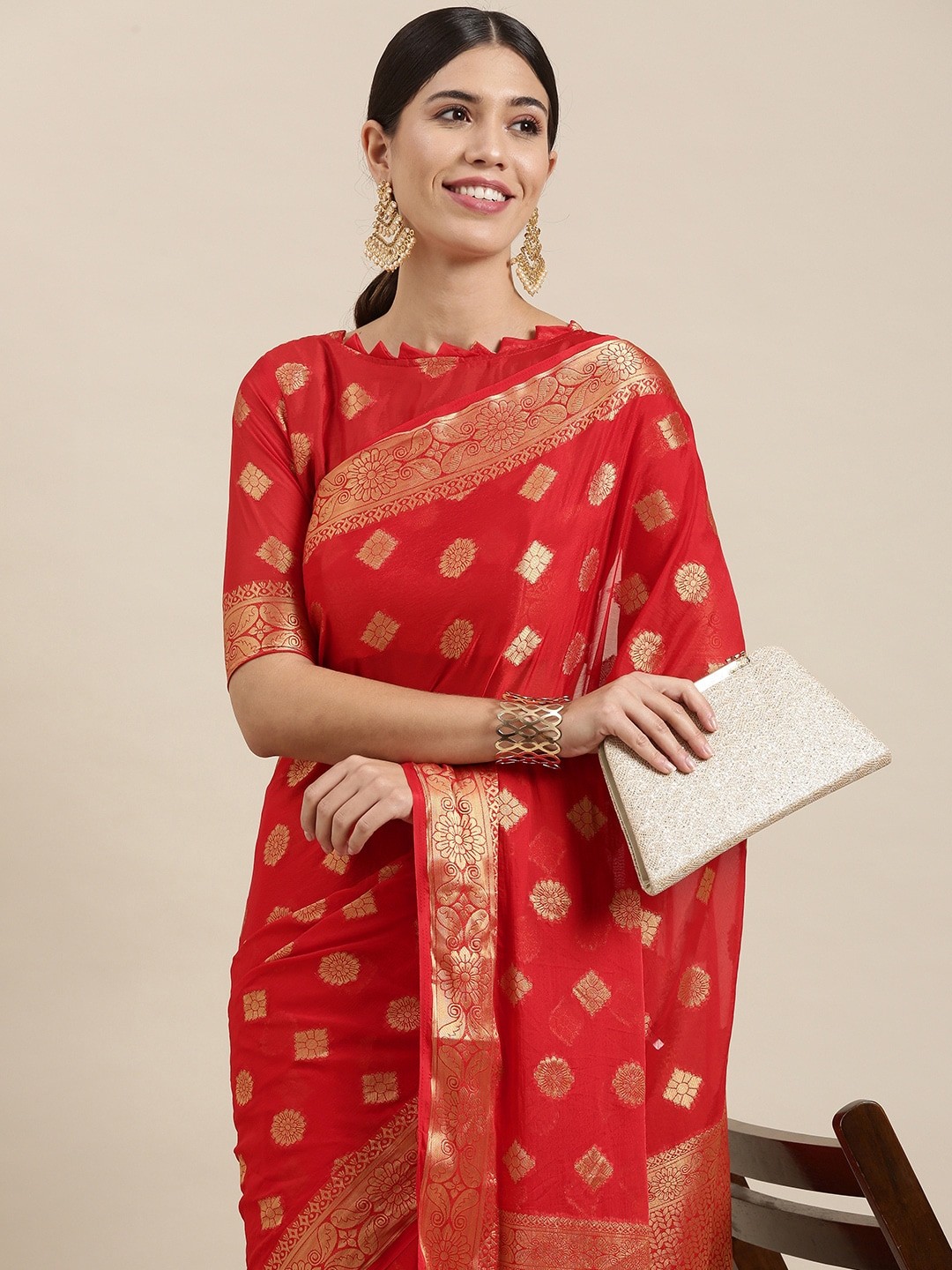

Mitera Red & Gold Floral Zari Silk Blend Saree