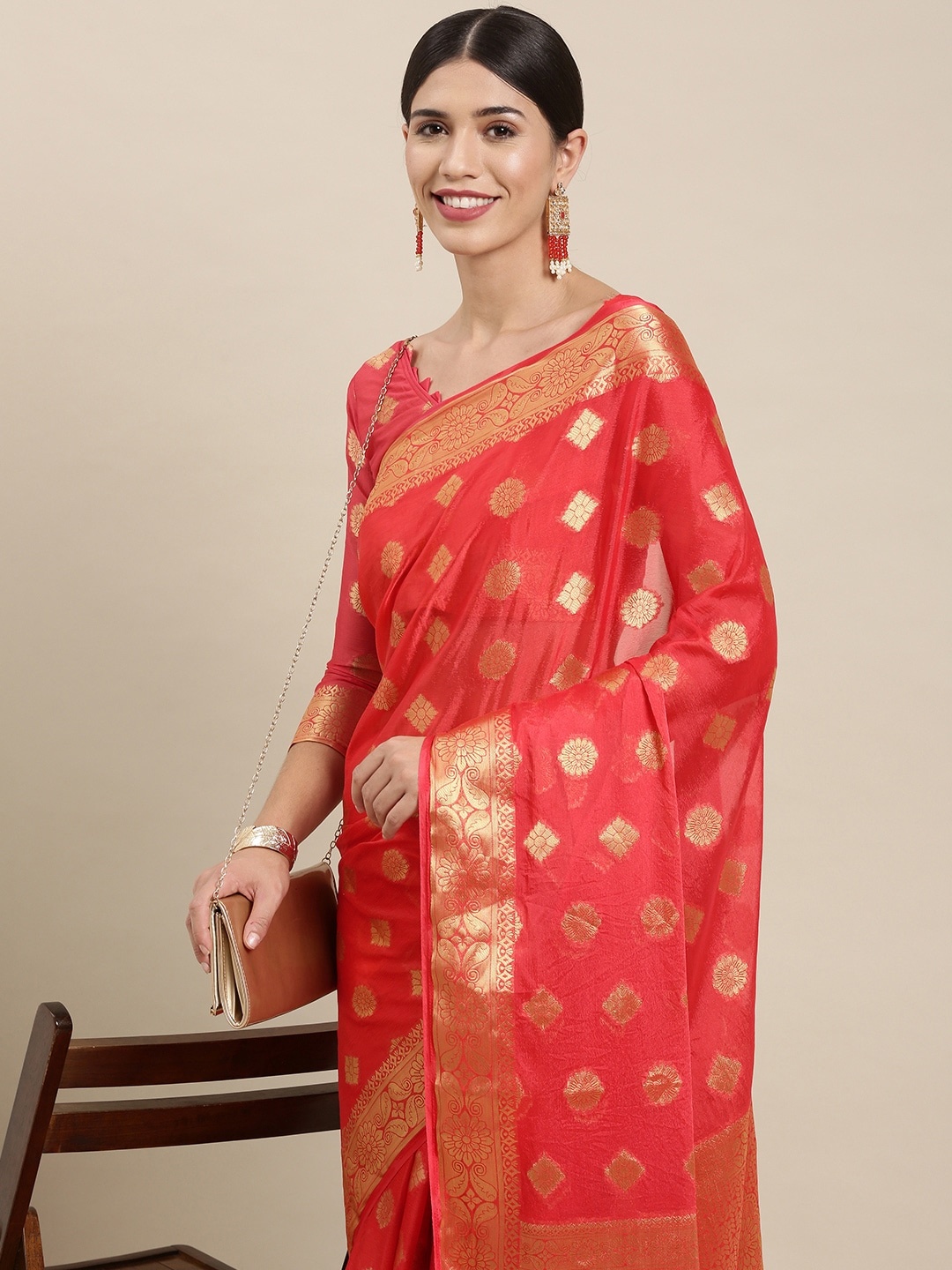 

Mitera Red & Gold Ethnic Motifs Zari Silk Blend Saree