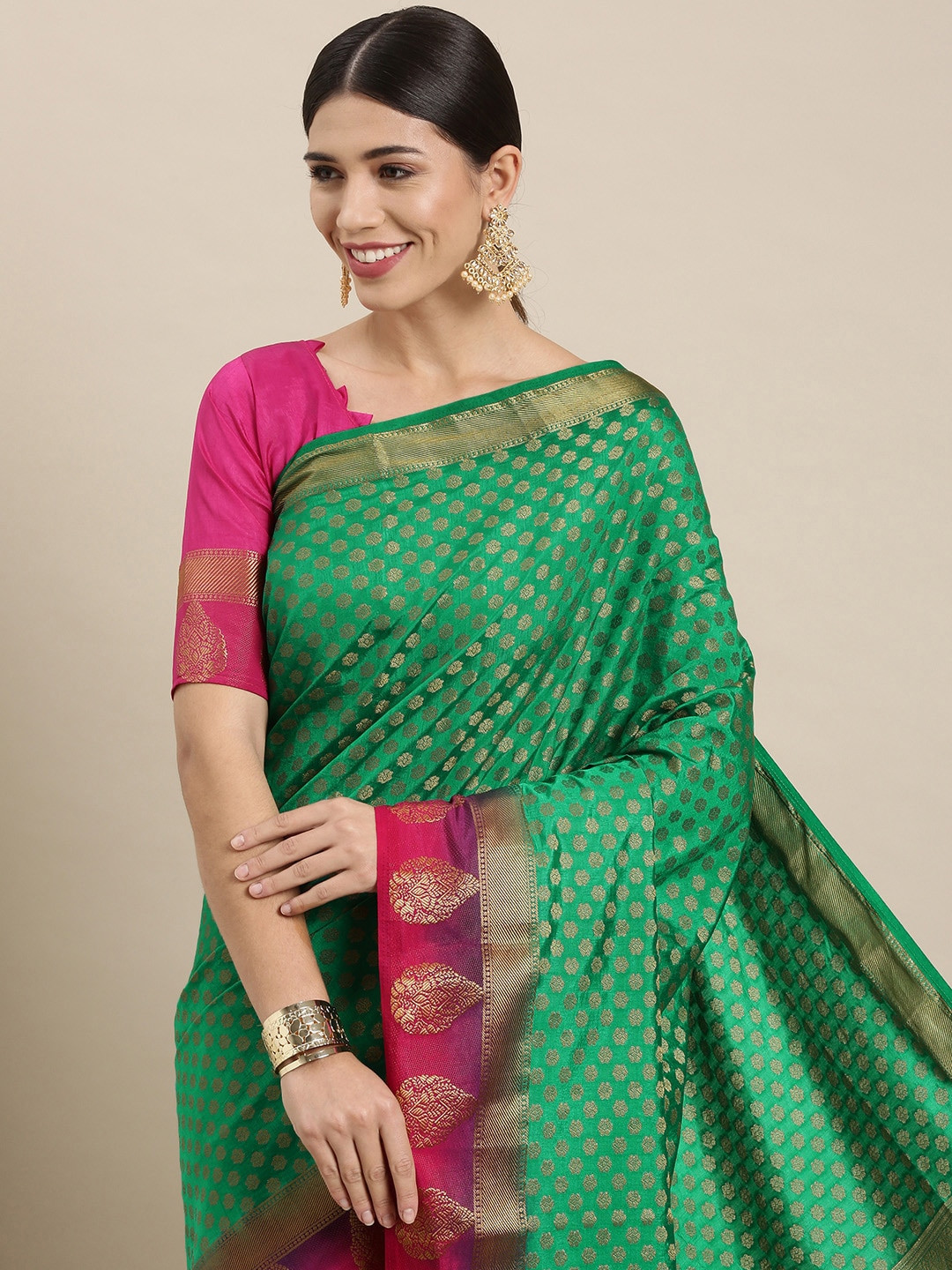 

Mitera Green & Gold Floral Zari Silk Blend Saree