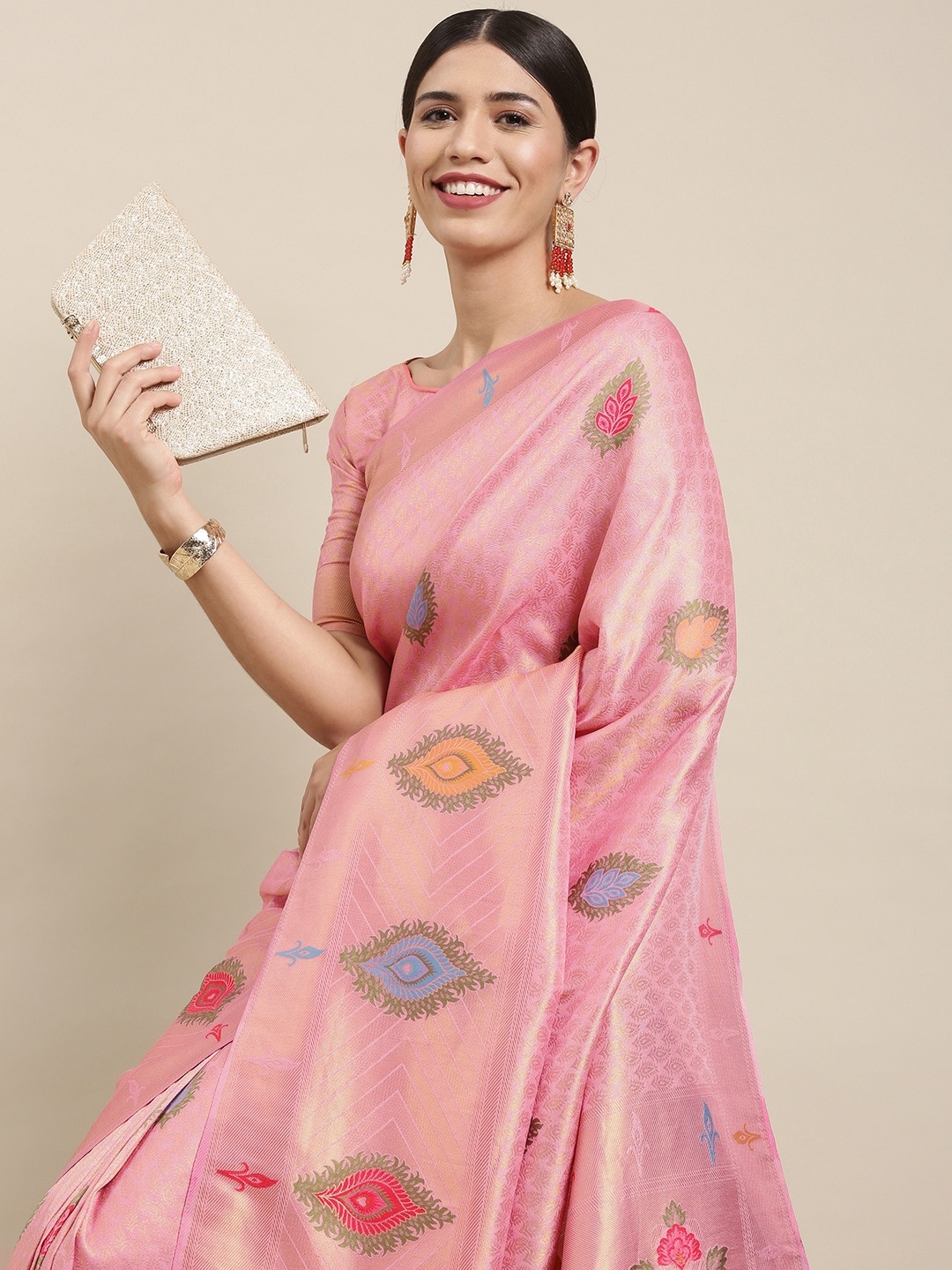 

Mitera Pink & Green Floral Zari Silk Blend Saree