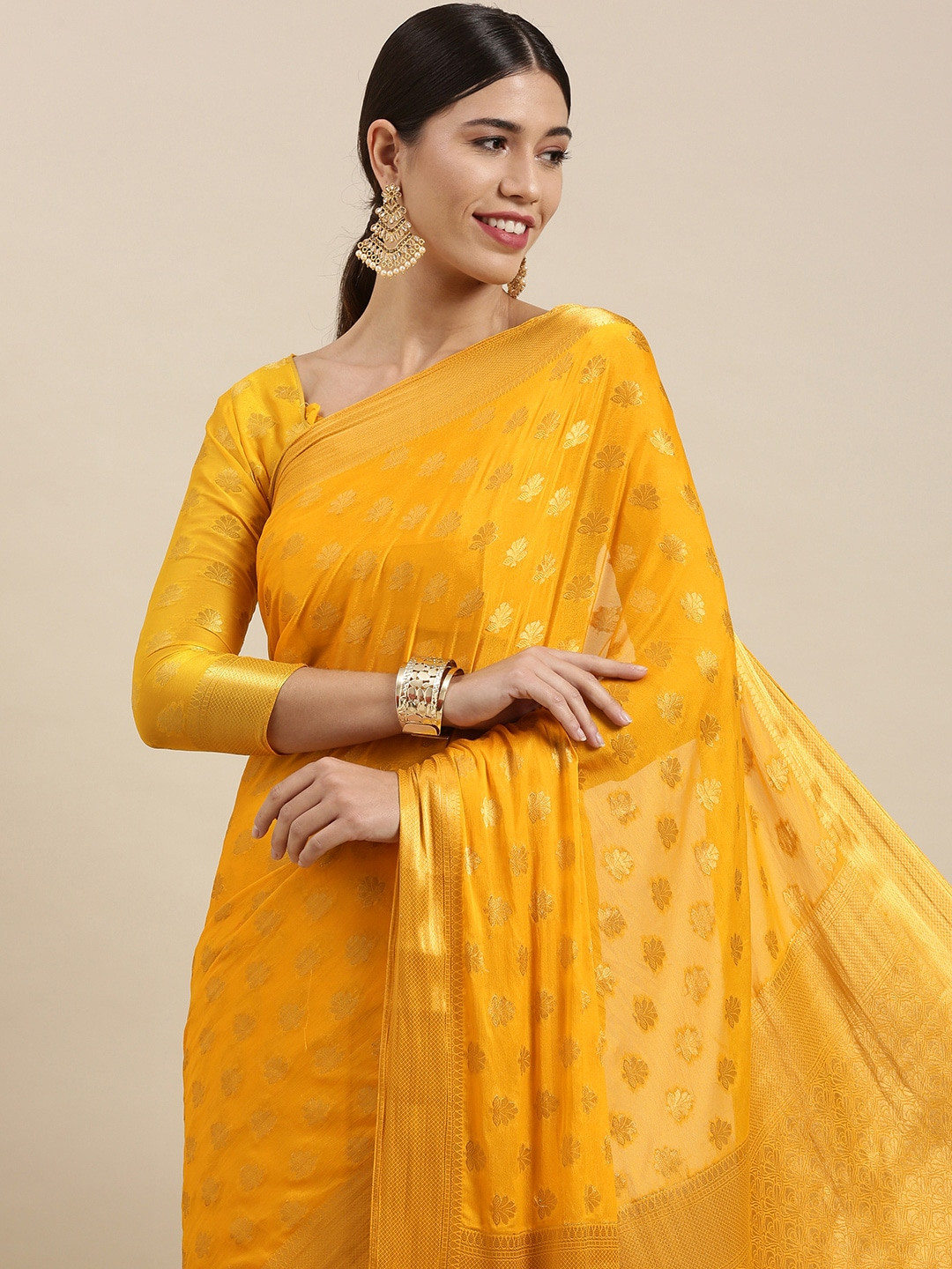 

Mitera Mustard & Gold Floral Zari Silk Blend Saree