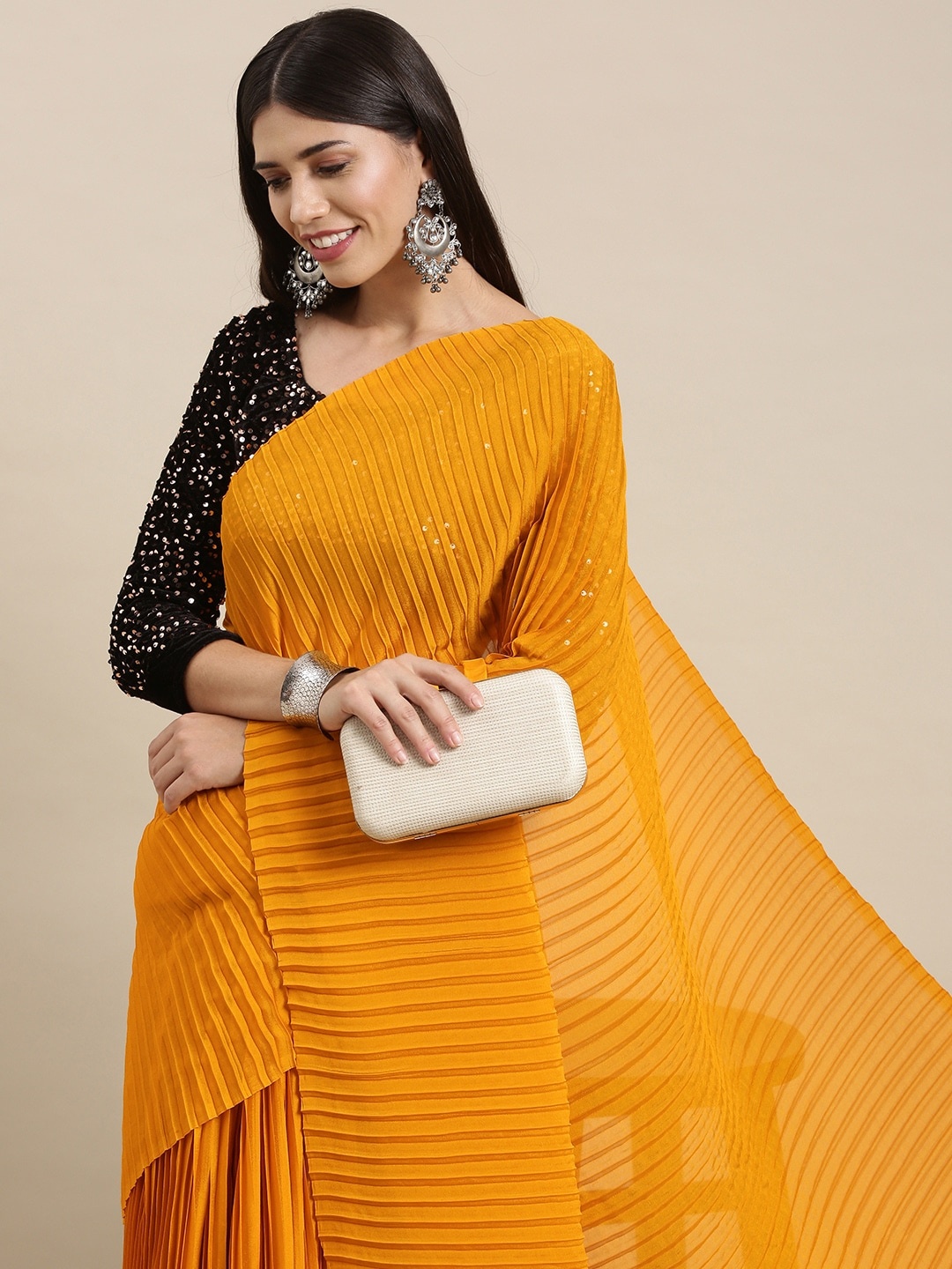 

Mitera Mustard Yellow Pleated Sequined Saree