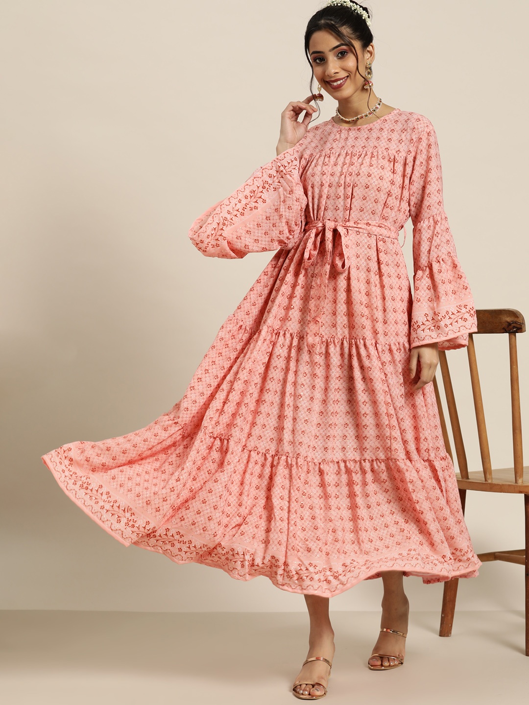 

Sangria Floral Printed Flounced Hem Tiered A-Line Ethnic Maxi Dress, Peach