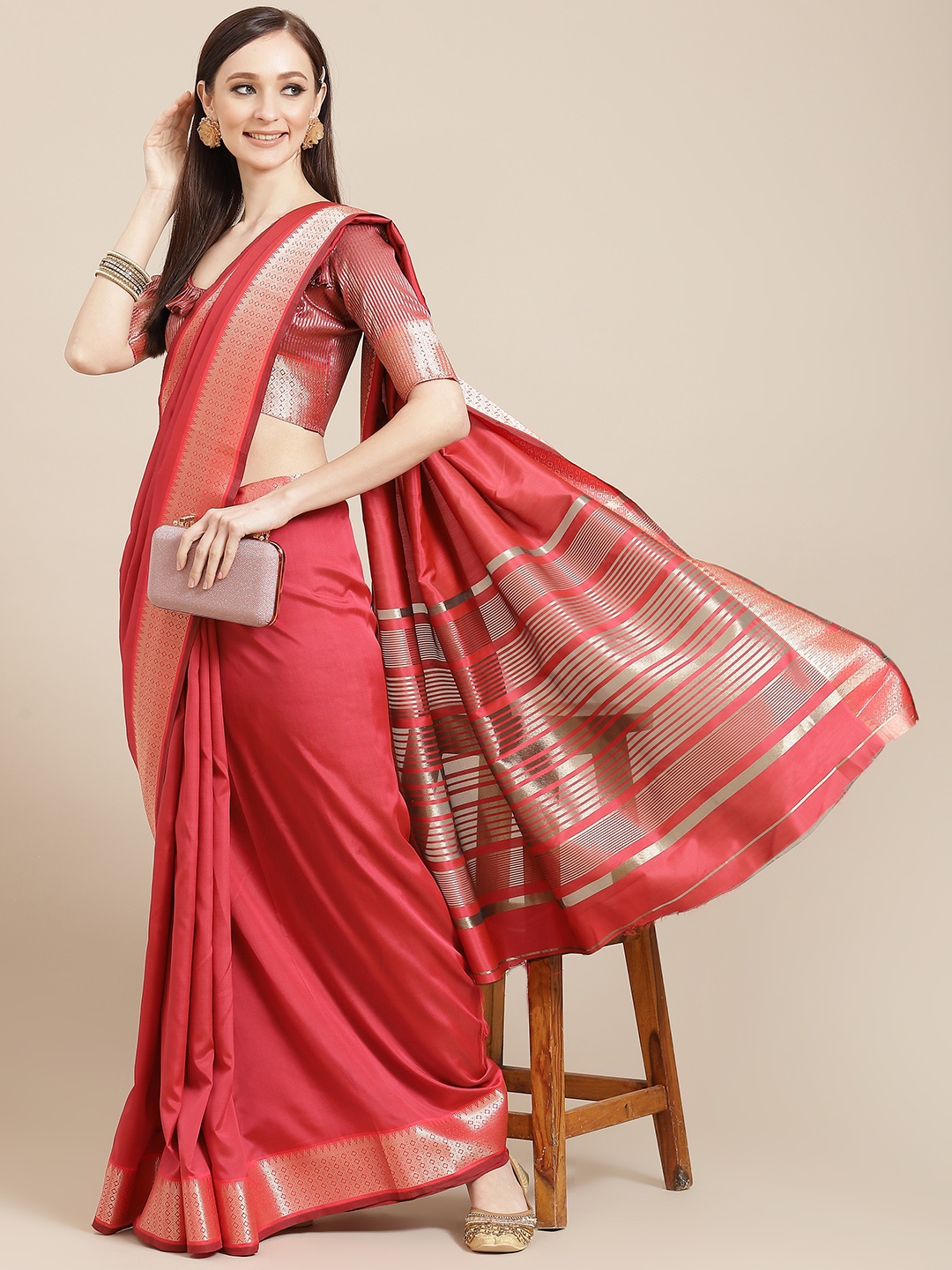 

KALINI Women Red & Golden Solid Saree