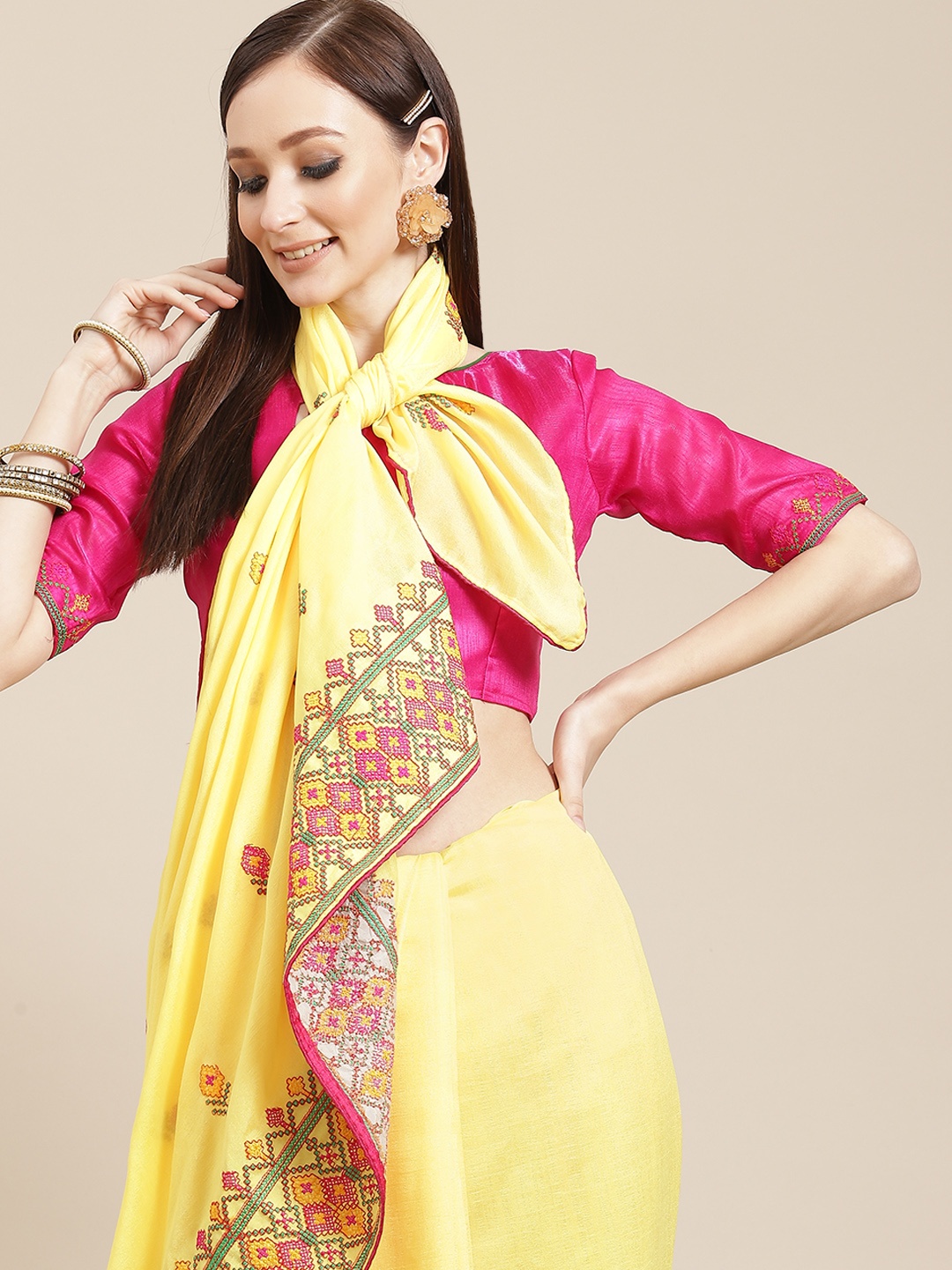 

KALINI Yellow & Pink Ethnic Motifs Embroidered Saree