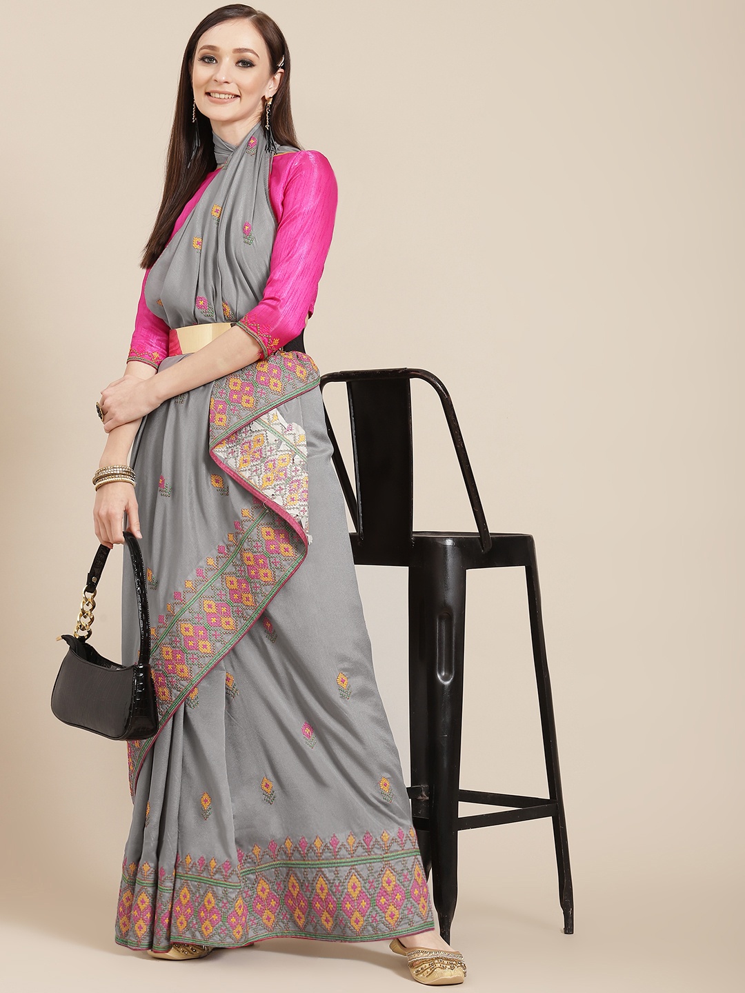 

KALINI Grey & Yellow Ethnic Motifs Embroidered Saree