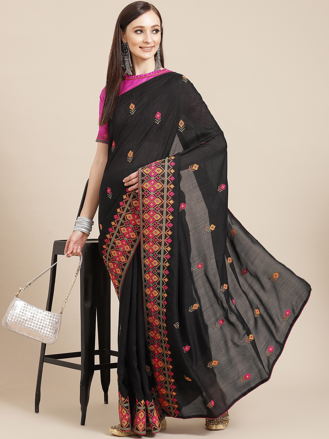 

KALINI Black & Yellow Ethnic Motifs Embroidered Saree