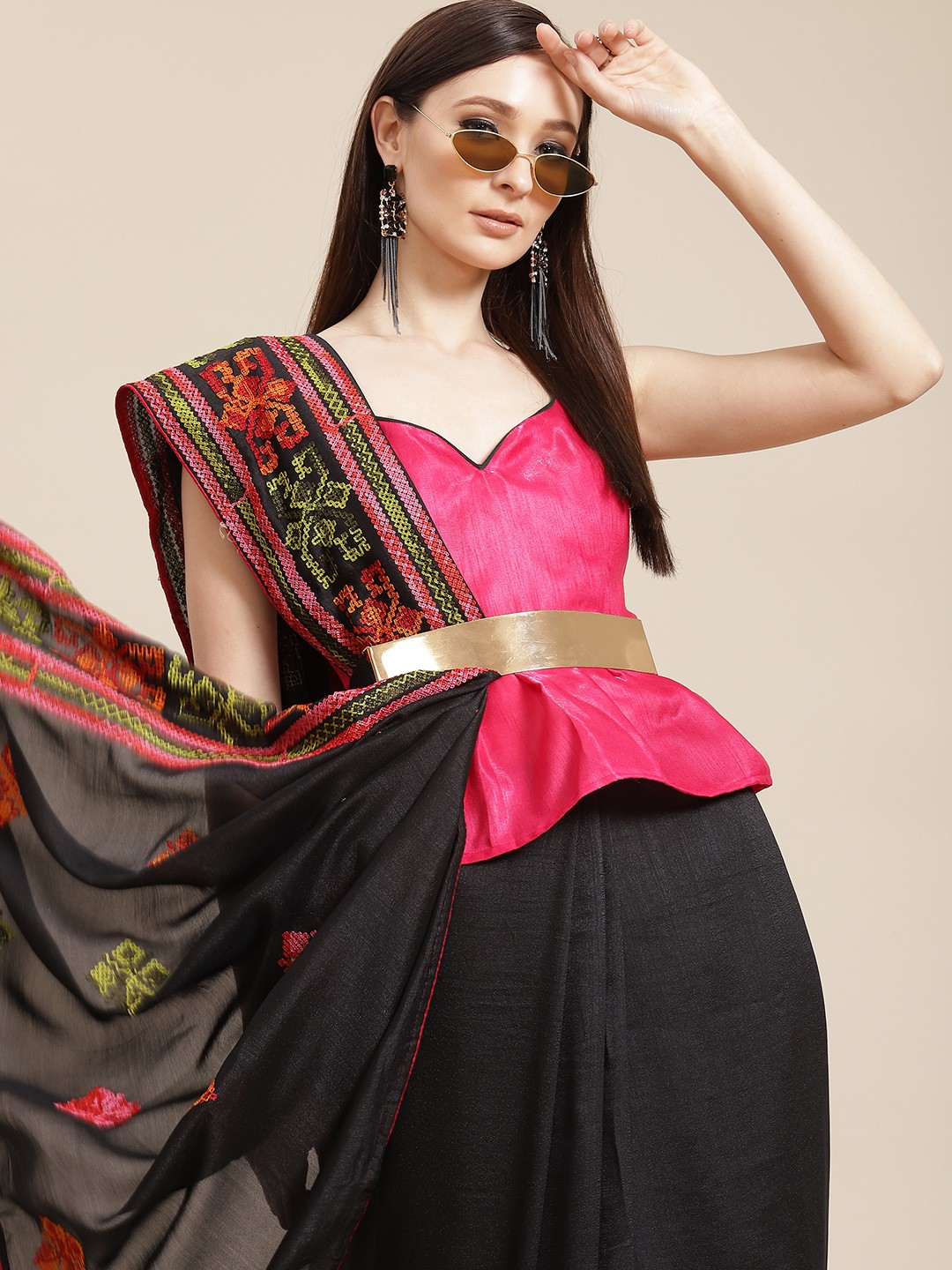 

KALINI Black & Orange Ethnic Motifs Embroidered Saree