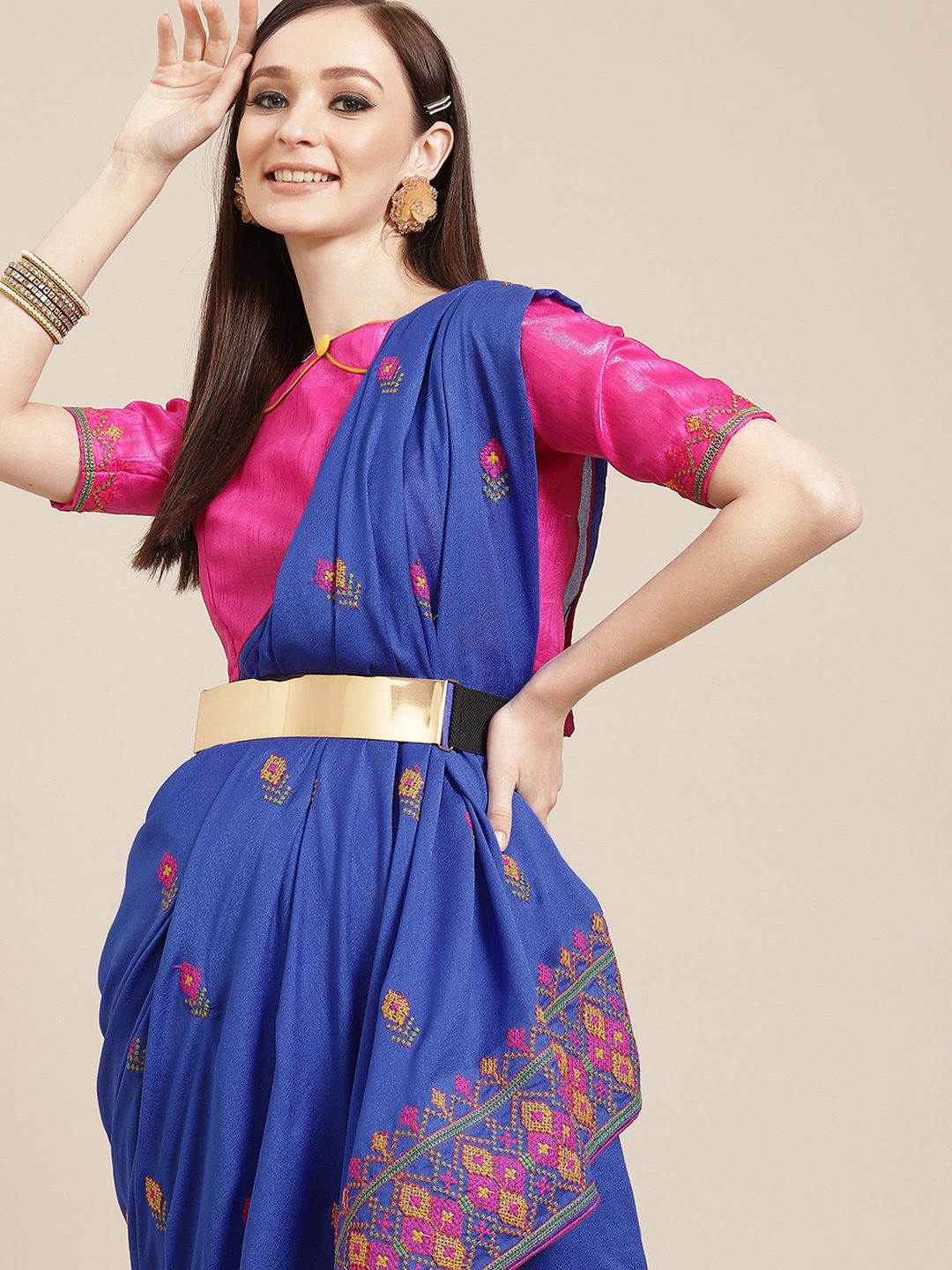 

KALINI Blue Ethnic Motifs Embroidered Saree