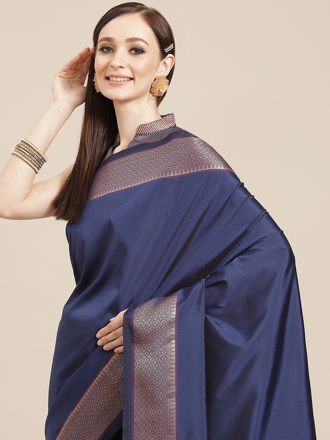 

KALINI Navy Blue Solid Woven Design Border Saree